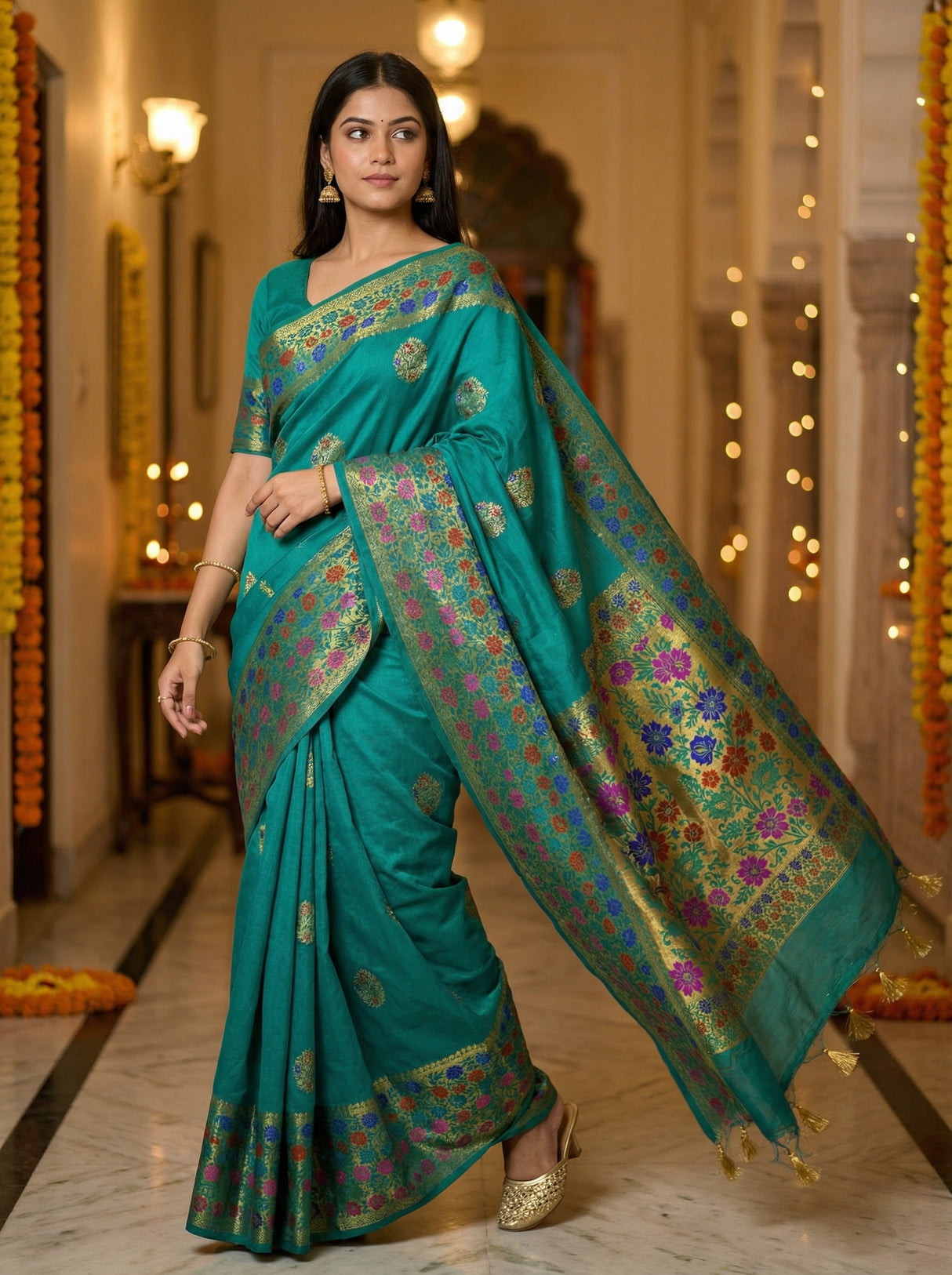 MIMOSA Women's Woven Design Paithani Style Raw Silk Saree with Blouse Piece - Rama ( SA00003127RMFREE )