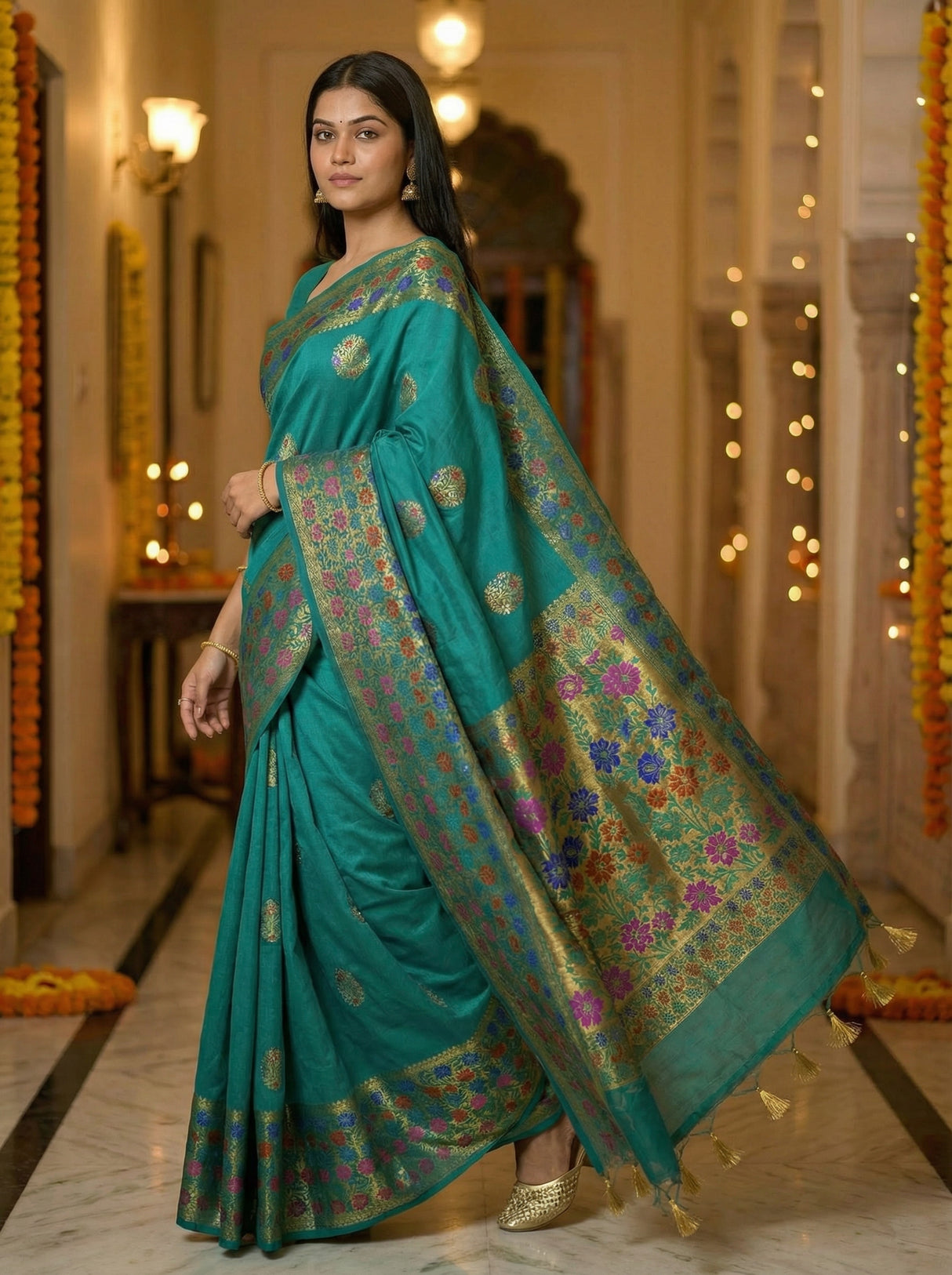 MIMOSA Women's Woven Design Paithani Style Raw Silk Saree with Blouse Piece - Rama ( SA00003127RMFREE )
