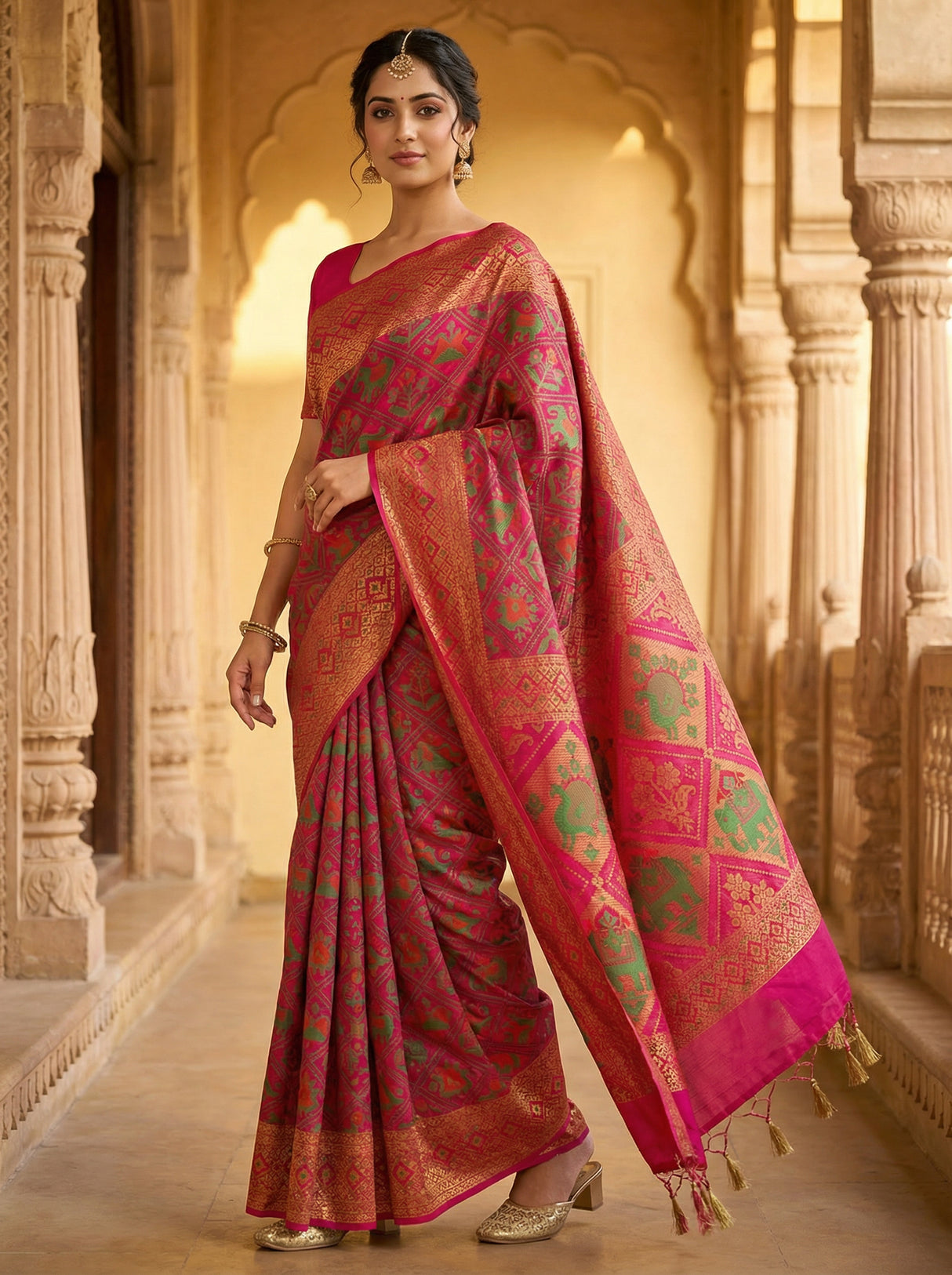 MIMOSA Women's Woven Design Paithani Style Raw Silk Saree with Blouse Piece - Rani ( SA00003128RNFREE )