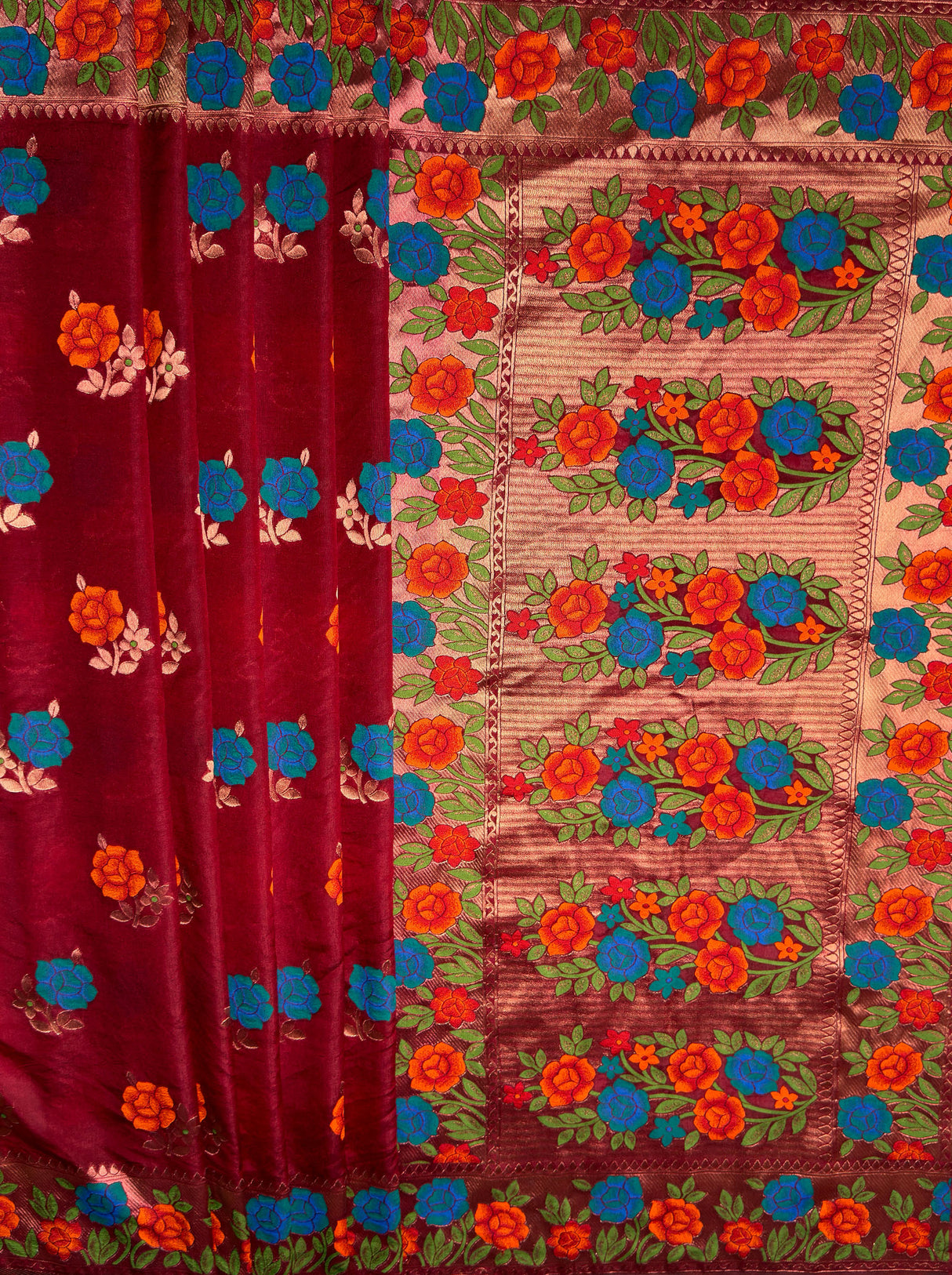 MIMOSA Women's Woven Design Paithani Style Raw Silk Saree with Blouse Piece - Maroon ( SA00003129MRFREE )