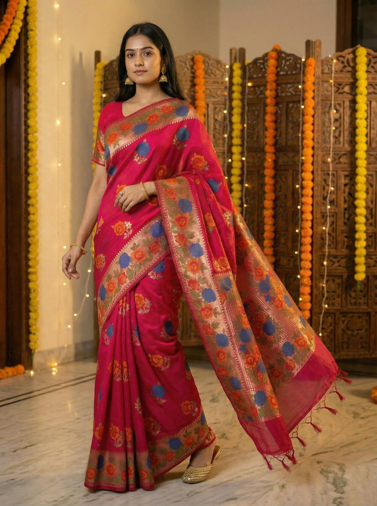 MIMOSA Women's Woven Design Paithani Style Raw Silk Saree with Blouse Piece - Rani ( SA00003129RNFREE )