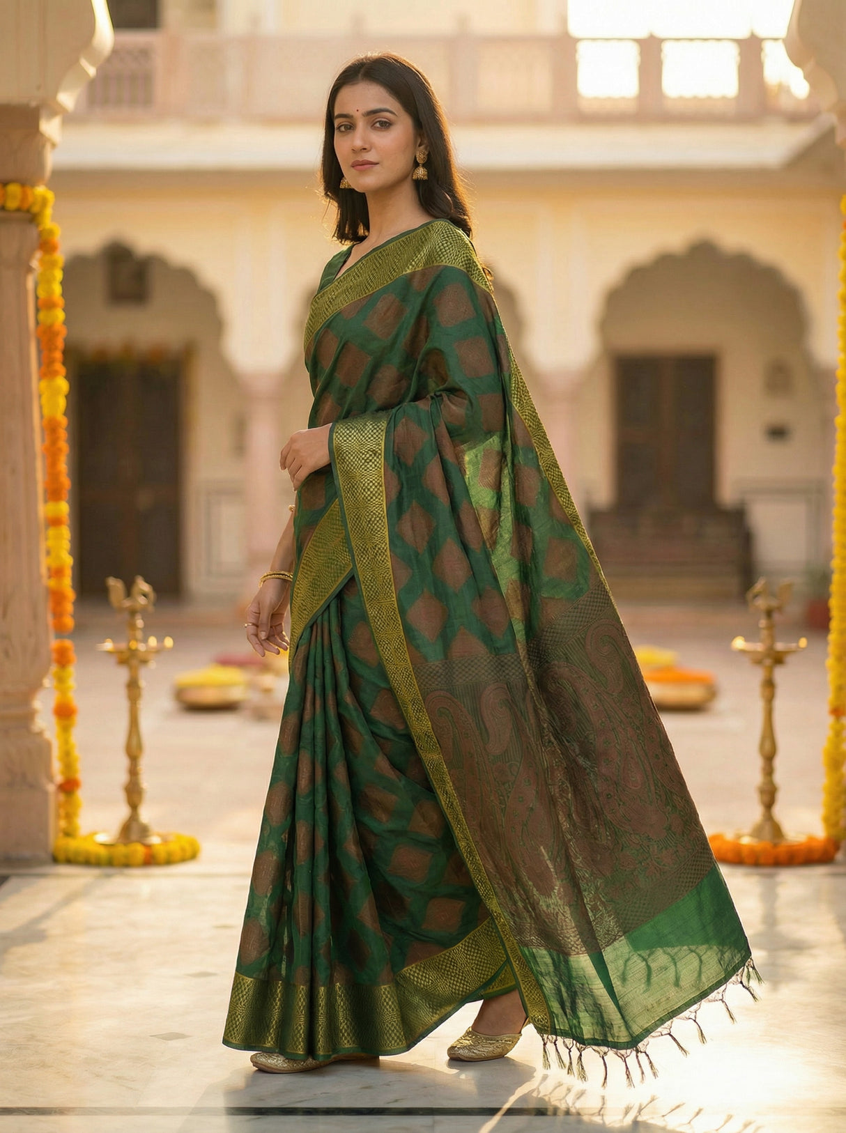 MIMOSA Women's Woven Design Banarasi Style Raw Silk Saree with Blouse Piece - Green ( SA00003130GRNFREE )