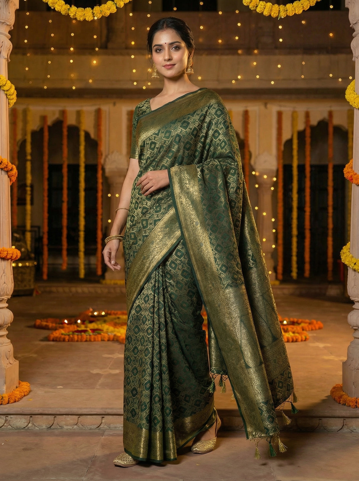 MIMOSA Women's Woven Design Banarasi Style Raw Silk Saree with Blouse Piece - Green ( SA00003131GRNFREE )