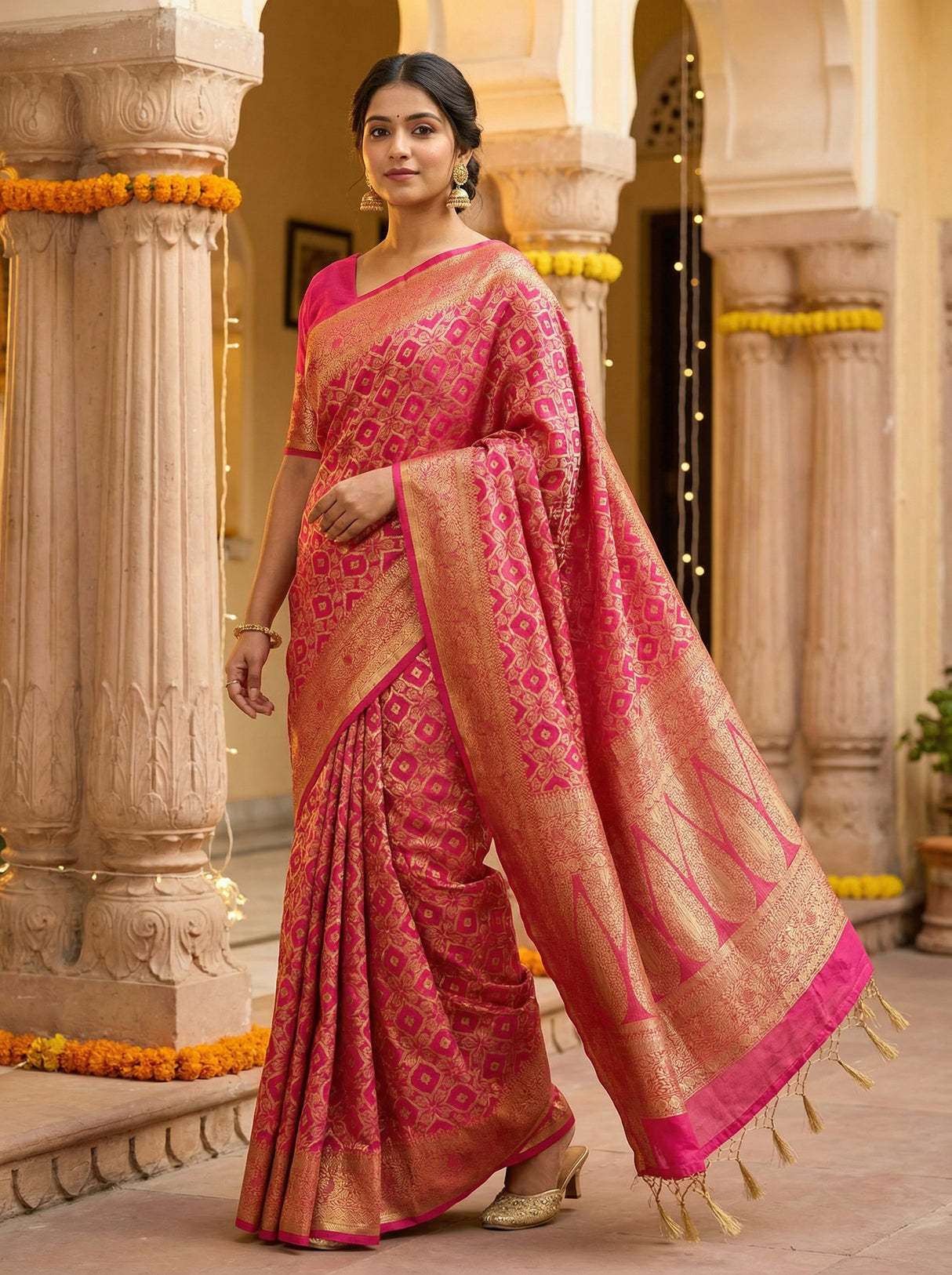 MIMOSA Women's Woven Design Banarasi Style Raw Silk Saree with Blouse Piece - Rani ( SA00003131RNFREE )