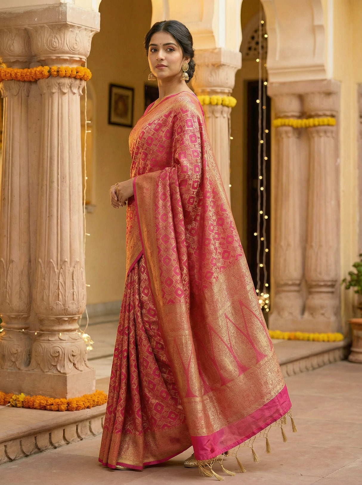 MIMOSA Women's Woven Design Banarasi Style Raw Silk Saree with Blouse Piece - Rani ( SA00003131RNFREE )