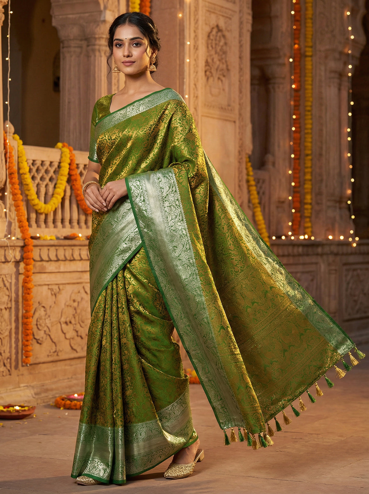 MIMOSA Women's Woven Design Banarasi Style Art Silk Saree with Blouse Piece - Green ( SA00003132GRNFREE )