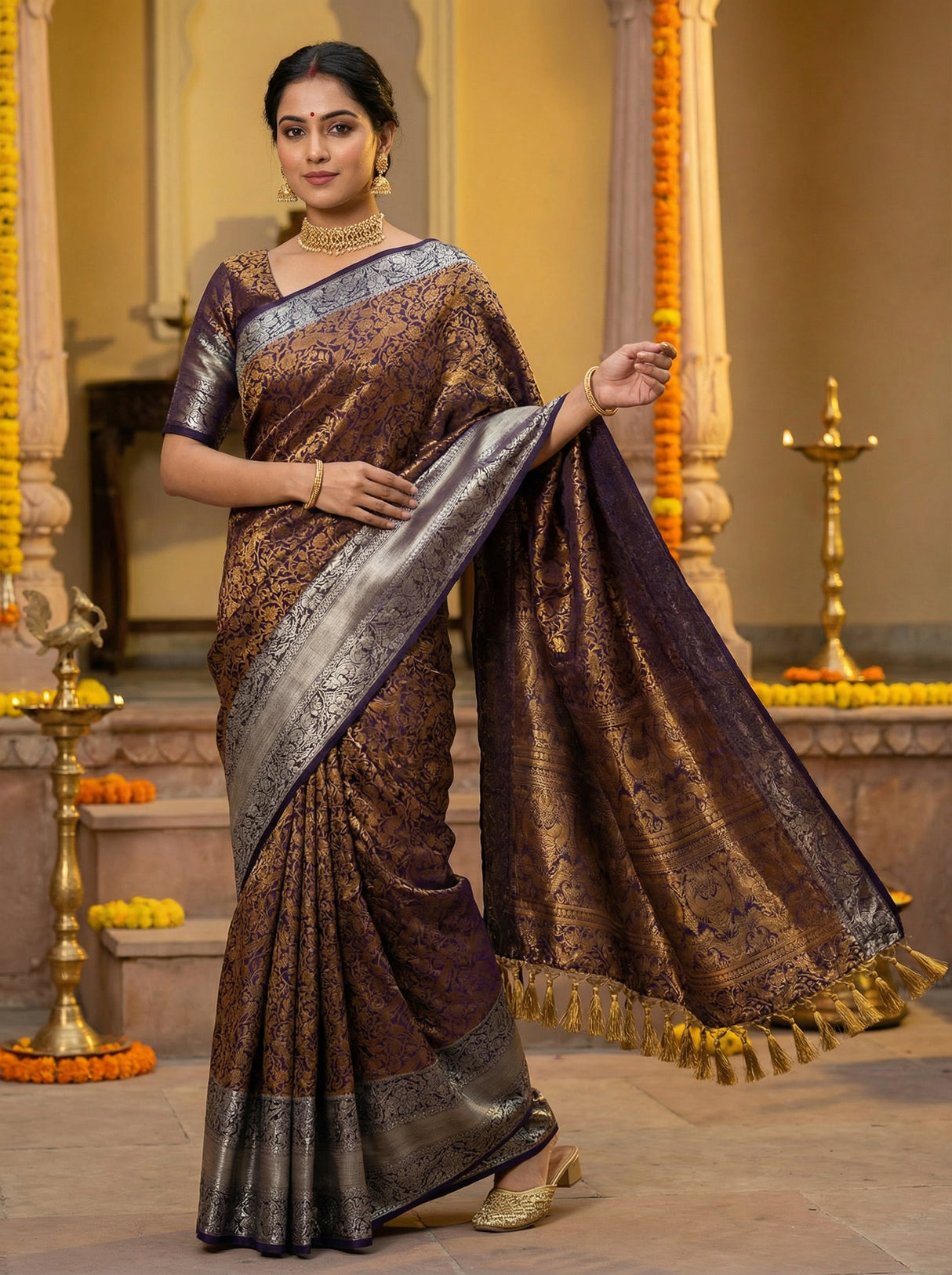 MIMOSA Women's Woven Design Banarasi Style Art Silk Saree with Blouse Piece - Navy ( SA00003132NVFREE )