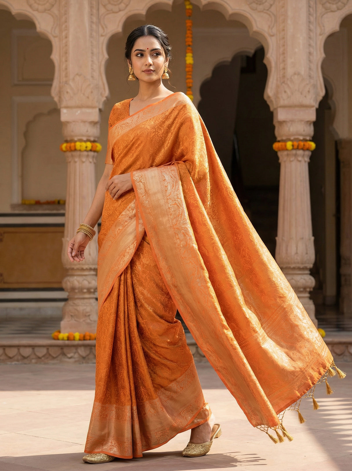 MIMOSA Women's Woven Design Banarasi Style Art Silk Saree with Blouse Piece - Peach ( SA00003132PCFREE )