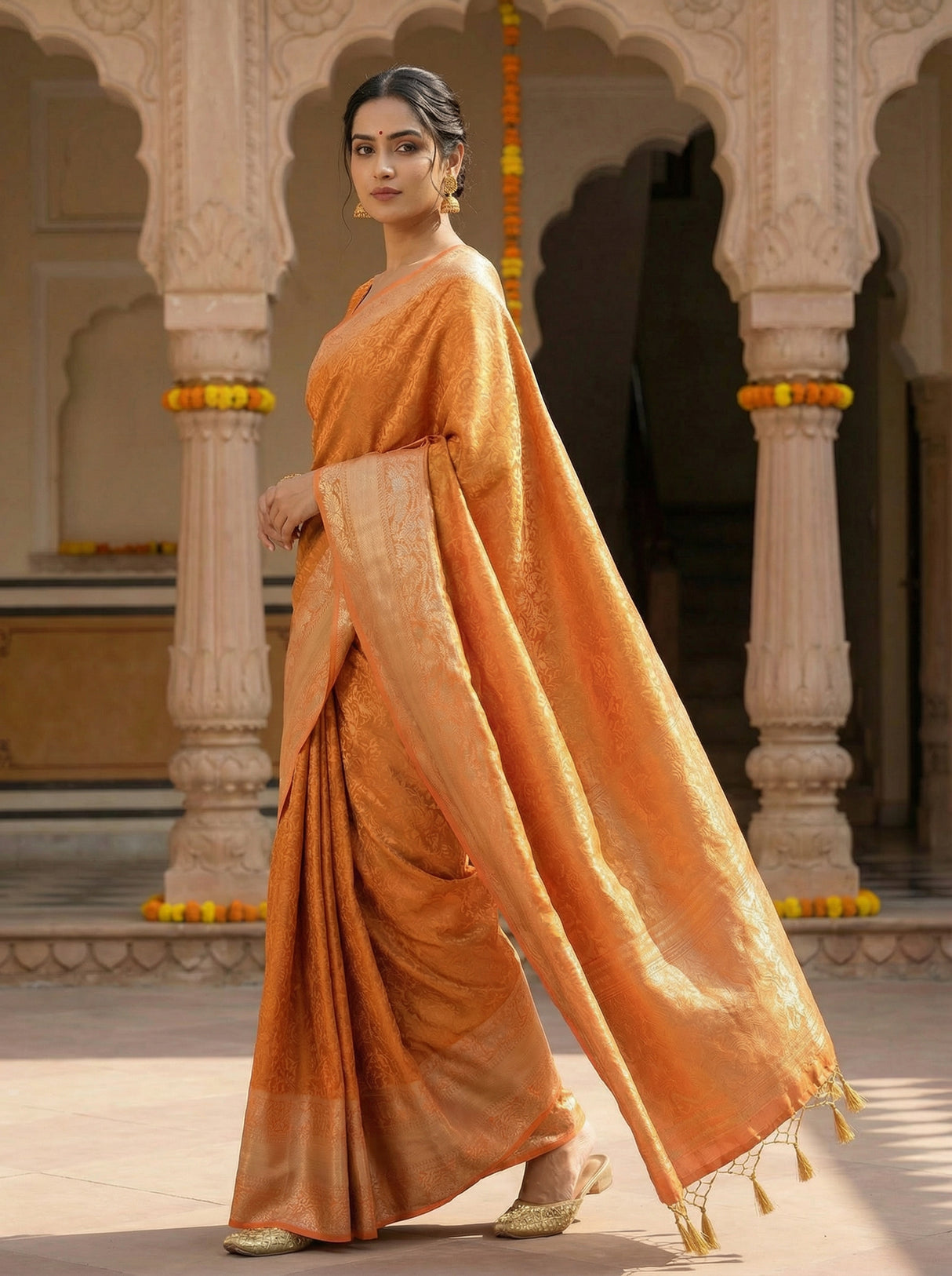 MIMOSA Women's Woven Design Banarasi Style Art Silk Saree with Blouse Piece - Peach ( SA00003132PCFREE )