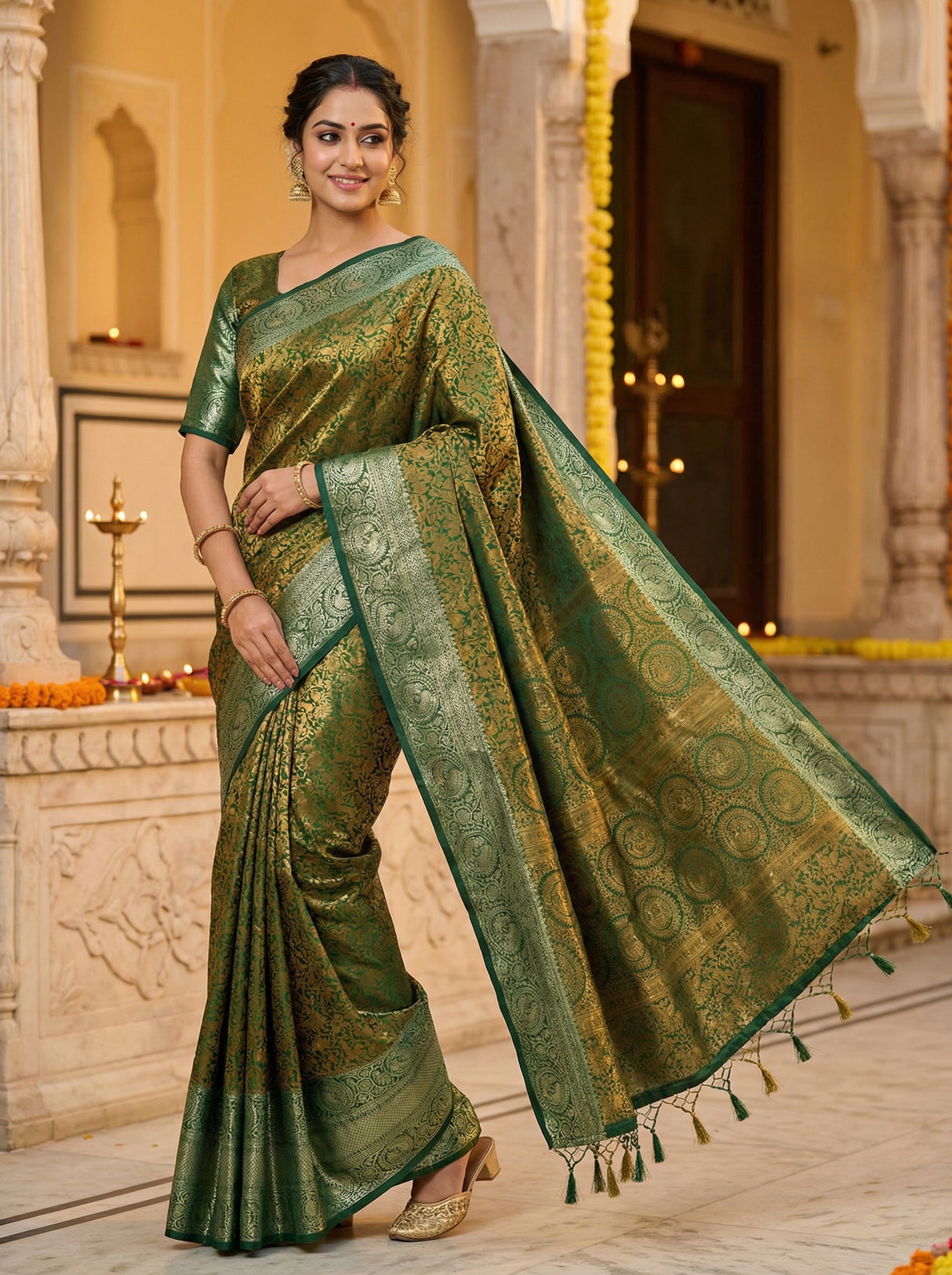 MIMOSA Women's Woven Design Banarasi Style Art Silk Saree with Blouse Piece - Green ( SA00003133GRNFREE )
