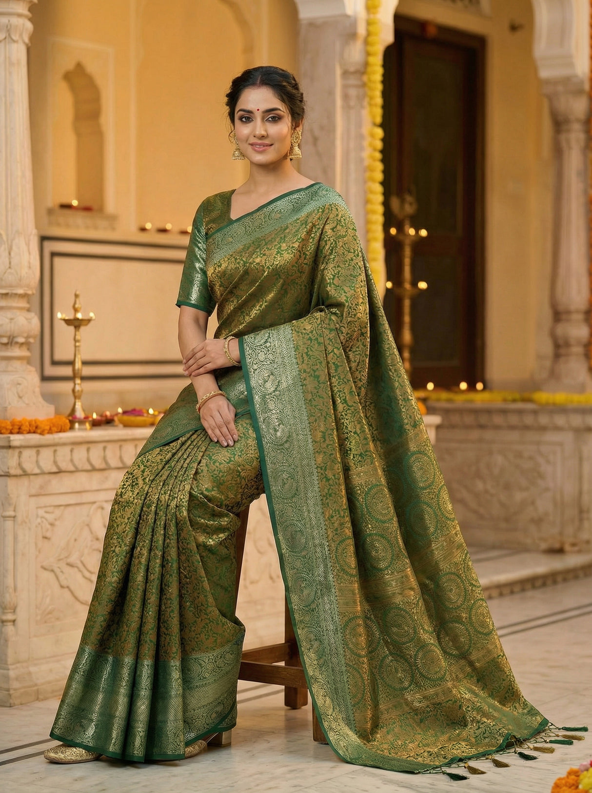 MIMOSA Women's Woven Design Banarasi Style Art Silk Saree with Blouse Piece - Green ( SA00003133GRNFREE )