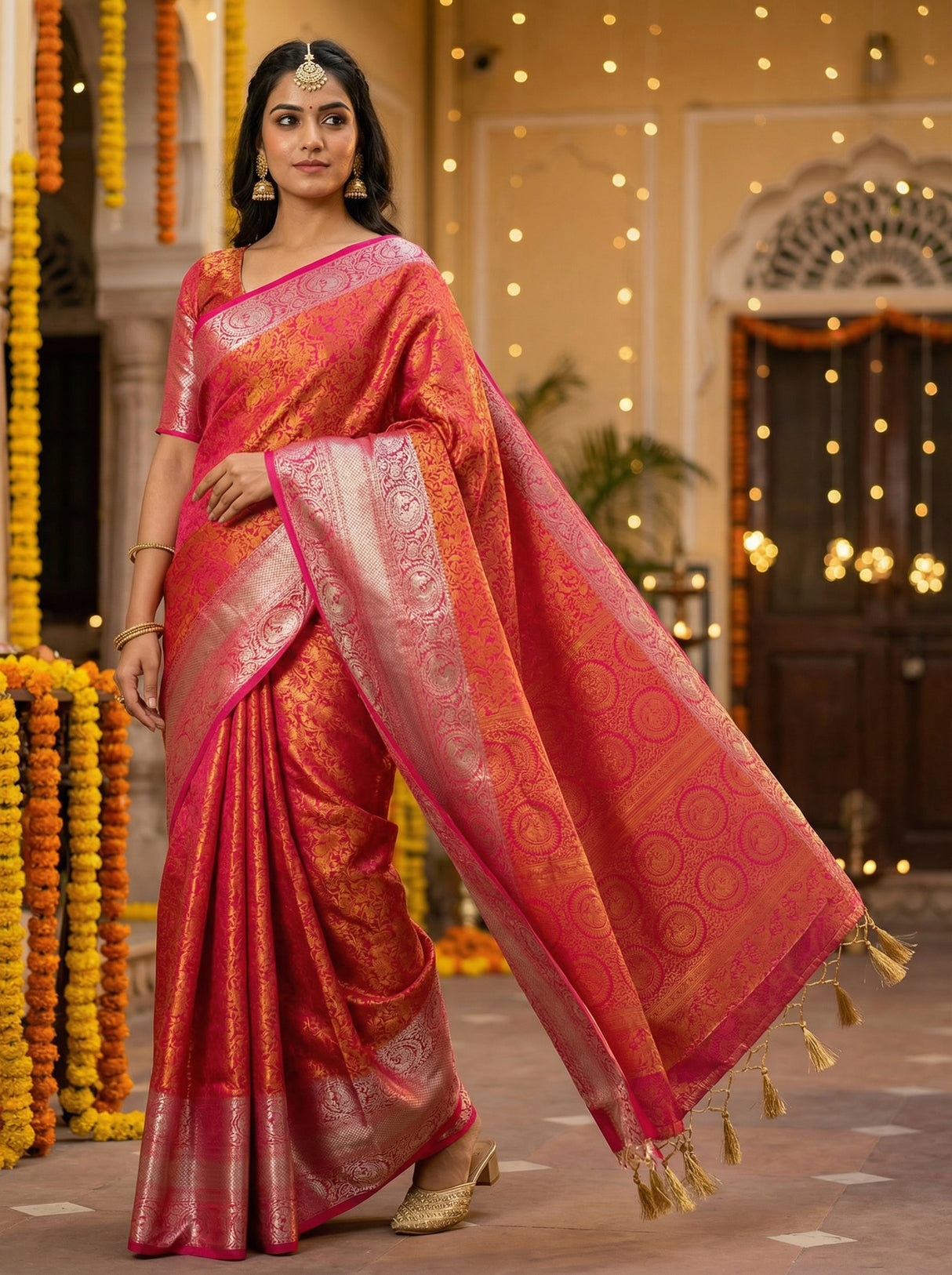 MIMOSA Women's Woven Design Banarasi Style Art Silk Saree with Blouse Piece - Rani ( SA00003133RNFREE )