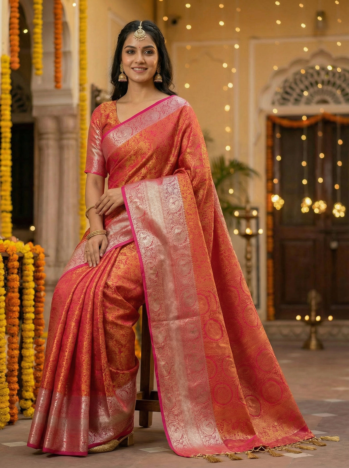 MIMOSA Women's Woven Design Banarasi Style Art Silk Saree with Blouse Piece - Rani ( SA00003133RNFREE )