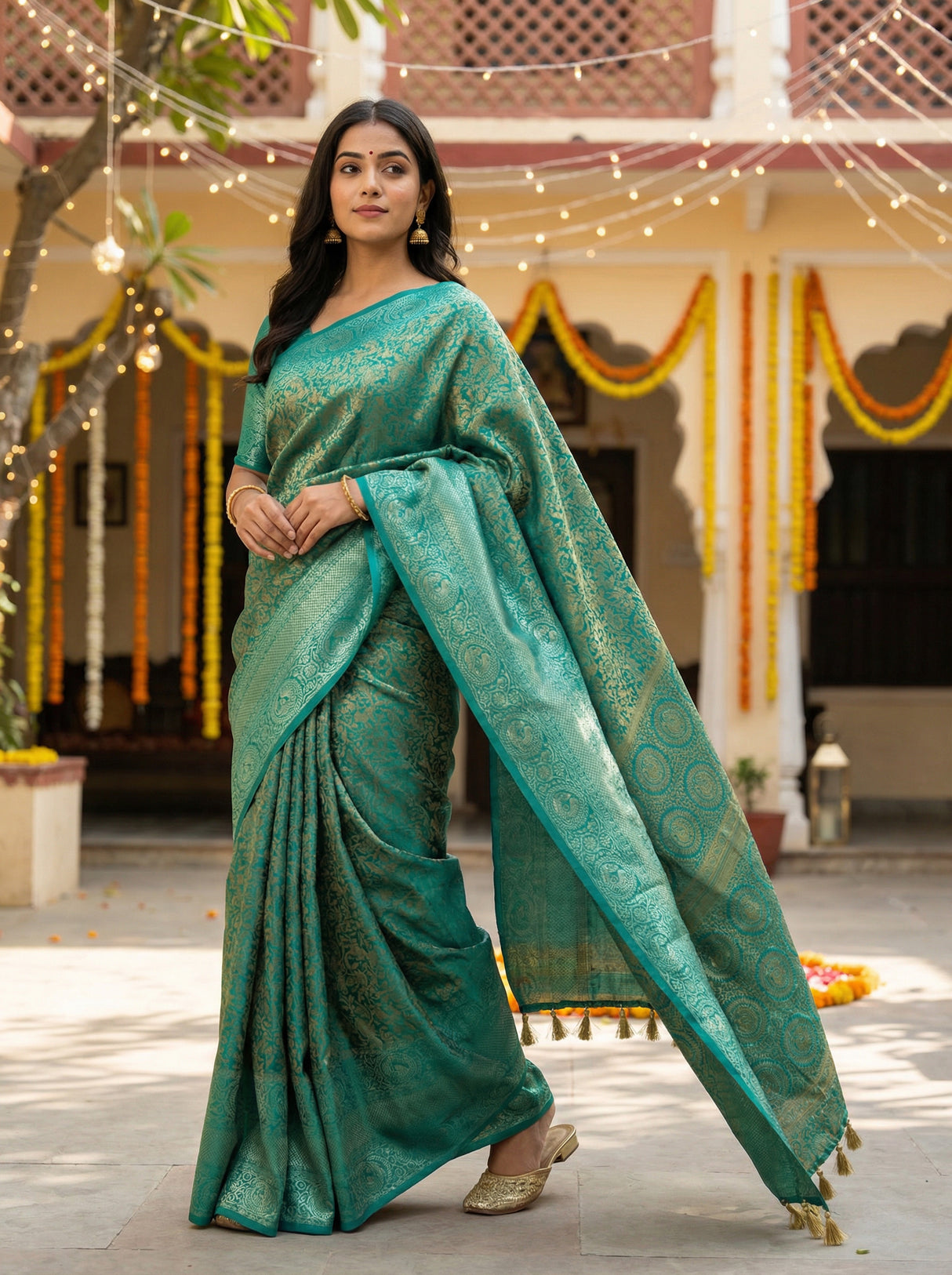 MIMOSA Women's Woven Design Banarasi Style Art Silk Saree with Blouse Piece - Saffire ( SA00003133SFFREE )