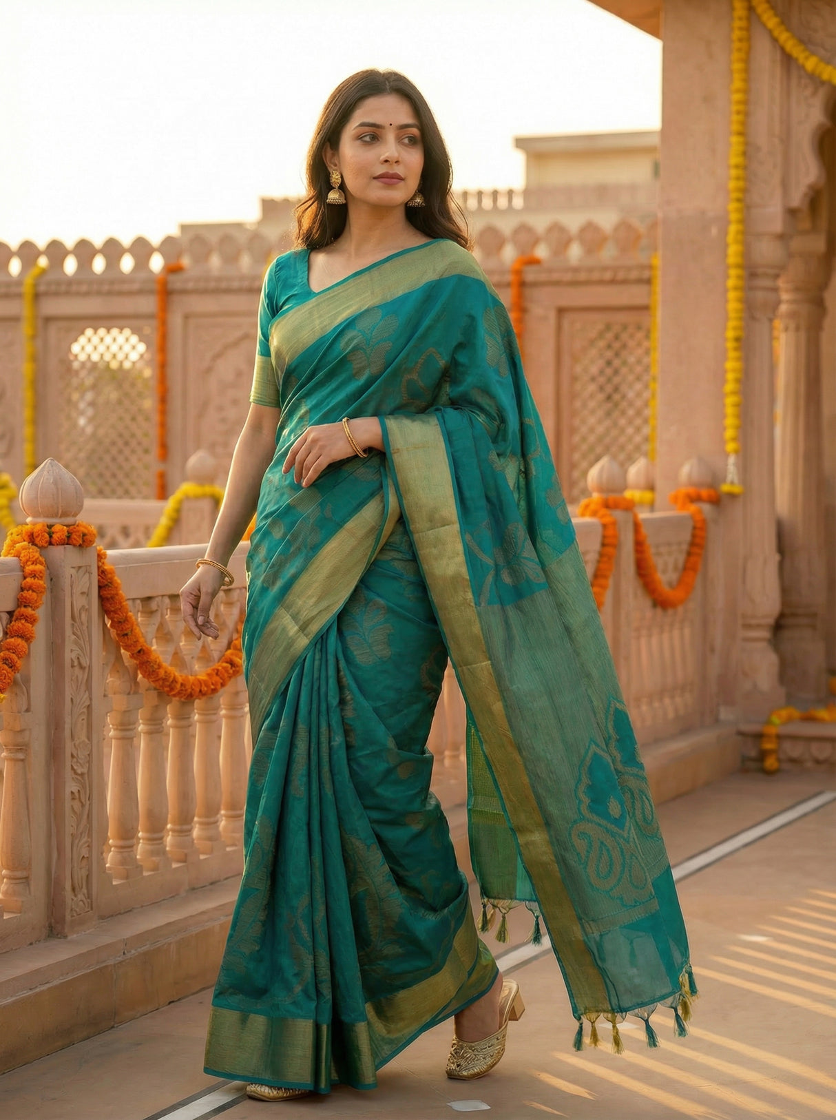 MIMOSA Women's Woven Design Mysore Silk Style Crepe Saree with Blouse Piece - Rama ( SA00003135RMFREE )