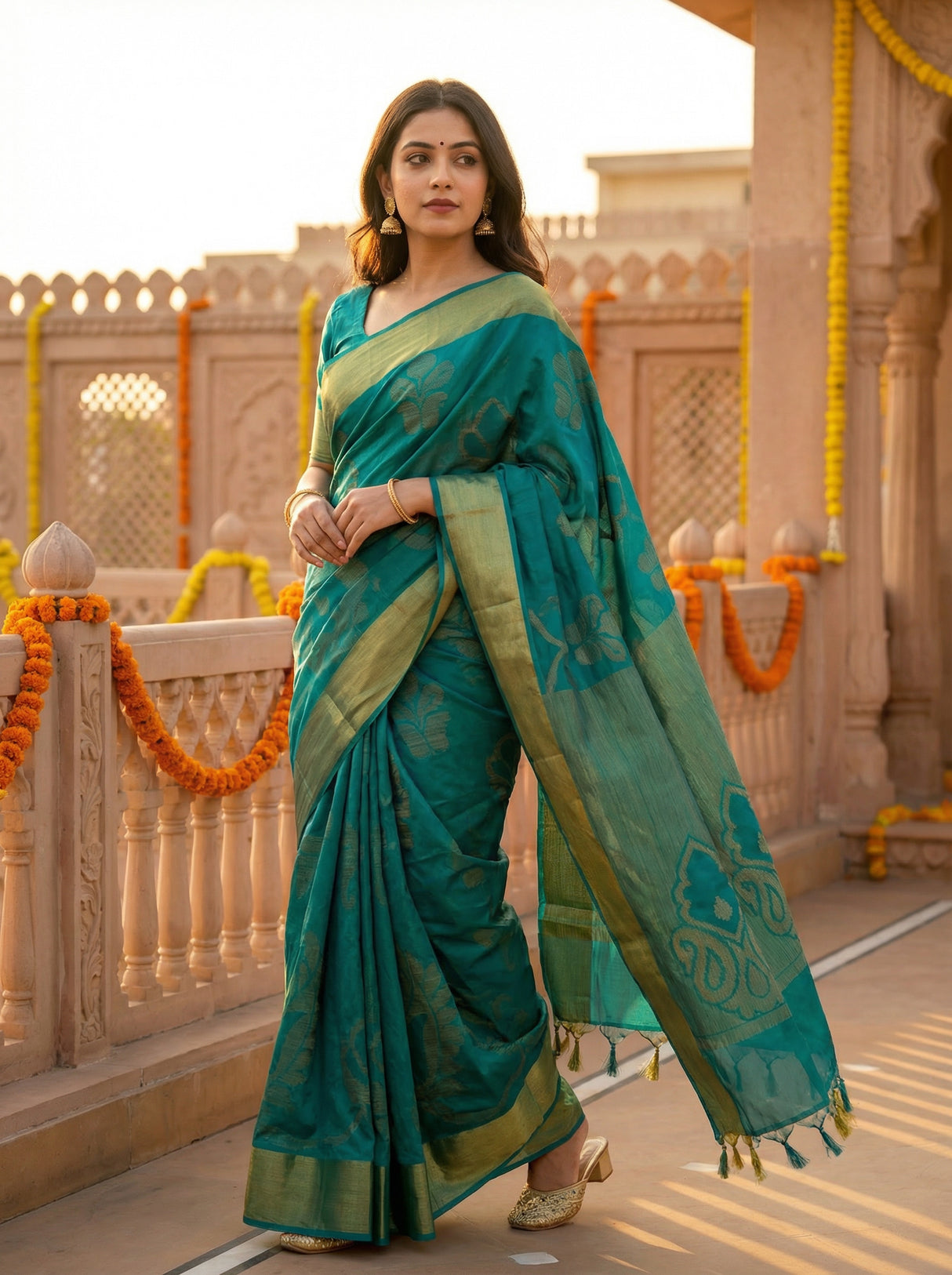 MIMOSA Women's Woven Design Mysore Silk Style Crepe Saree with Blouse Piece - Rama ( SA00003135RMFREE )