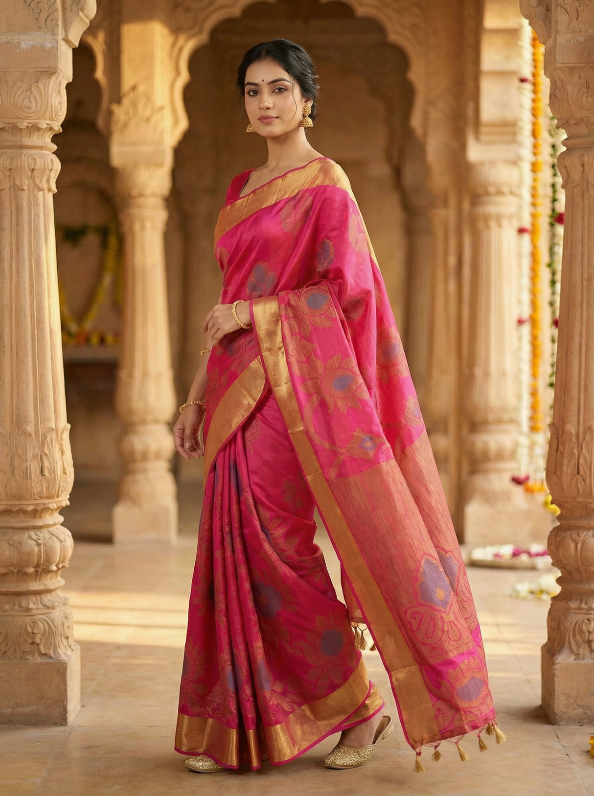 MIMOSA Women's Woven Design Mysore Silk Style Crepe Saree with Blouse Piece - Rani ( SA00003135RNFREE )