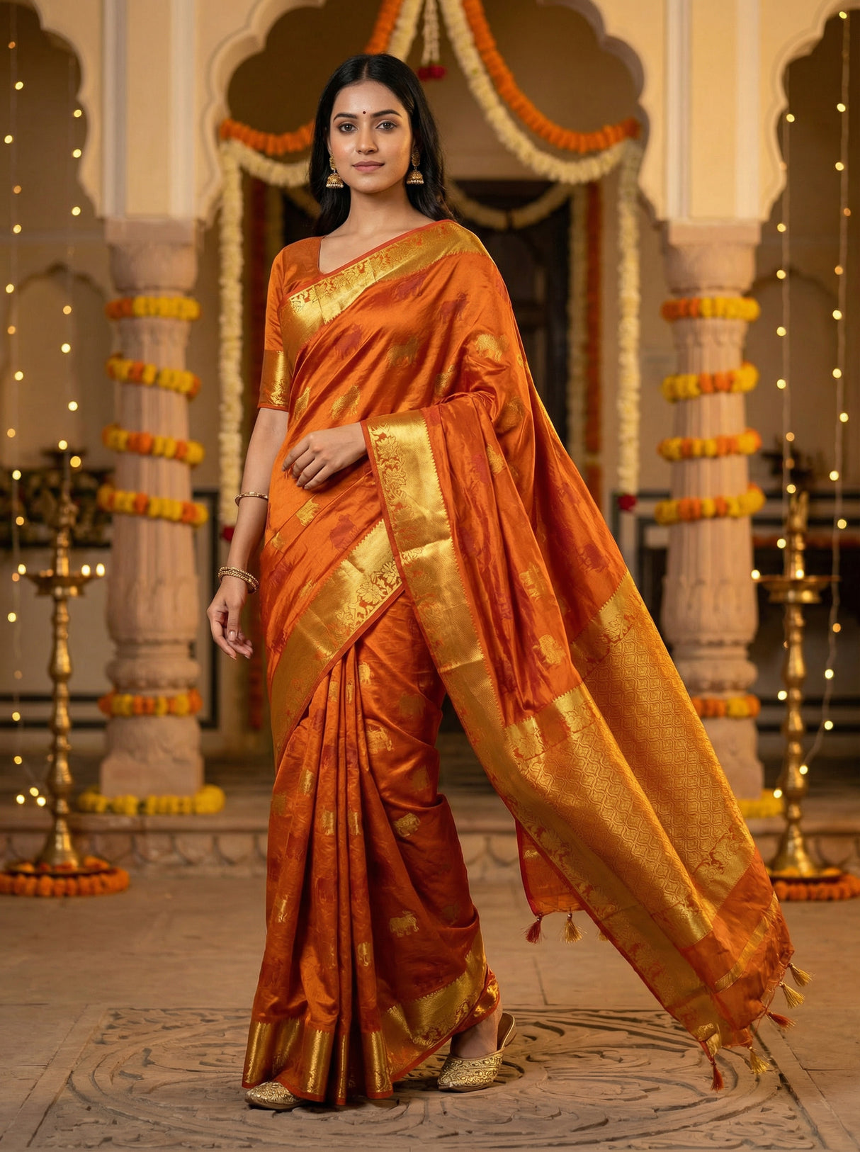 MIMOSA Women's Woven Design Banarasi Style Raw Silk Saree with Blouse Piece - Mustard ( SA00003136MSFREE )