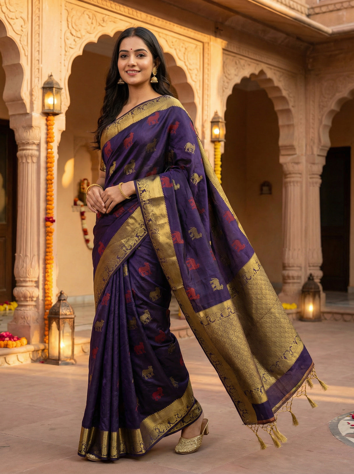 MIMOSA Women's Woven Design Banarasi Style Raw Silk Saree with Blouse Piece - Navy ( SA00003136NVFREE )