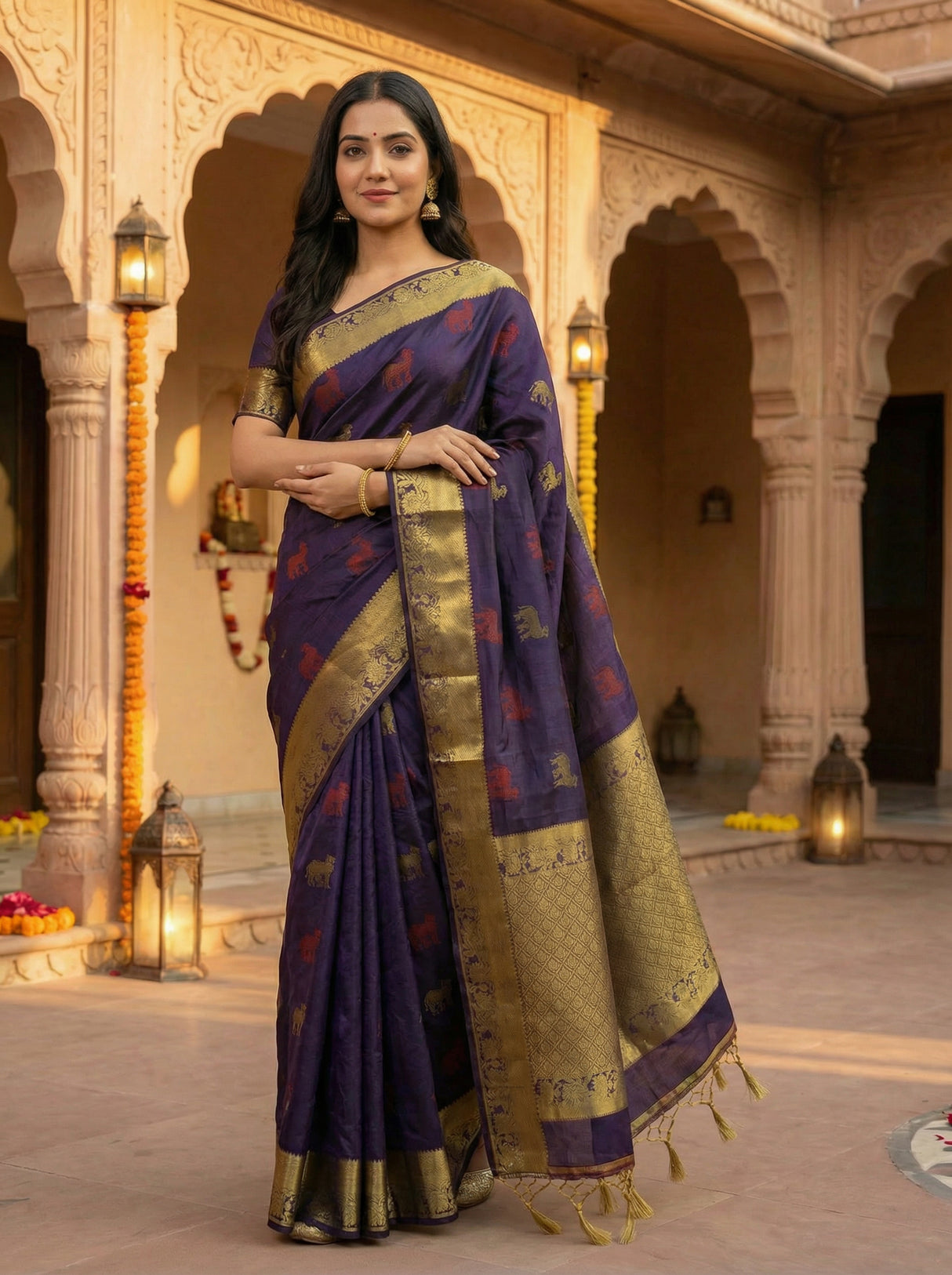 MIMOSA Women's Woven Design Banarasi Style Raw Silk Saree with Blouse Piece - Navy ( SA00003136NVFREE )