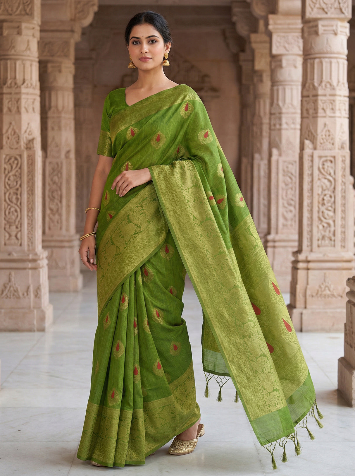 MIMOSA Women's Woven Design Banarasi Style dola silk Saree with Blouse Piece - Olive ( SA00003137OLFREE )