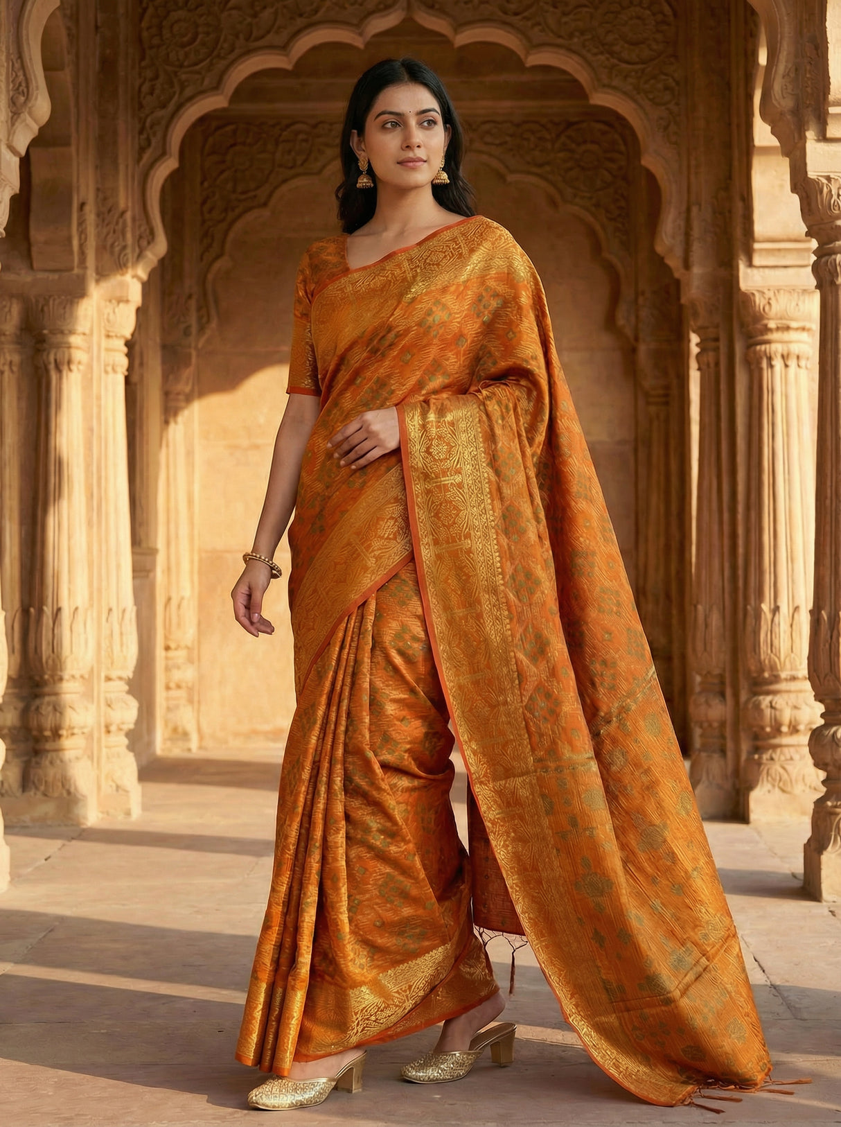 MIMOSA Women's Woven Design Patola Style Raw Silk Saree with Blouse Piece - Mustard ( SA00003138MSFREE )