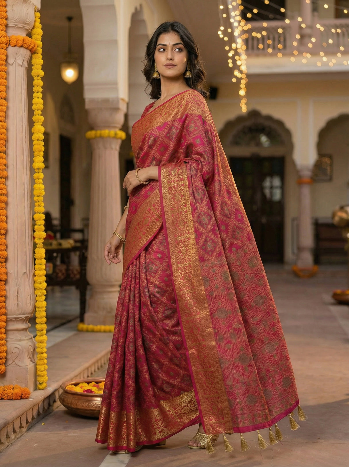 MIMOSA Women's Woven Design Patola Style Raw Silk Saree with Blouse Piece - Rani ( SA00003138RNFREE )