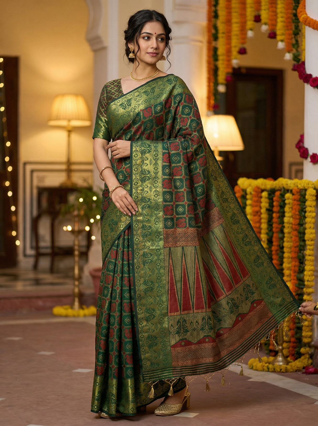 MIMOSA Women's Woven Design Patola Style Raw Silk Saree with Blouse Piece - Green ( SA00003139GRNFREE )