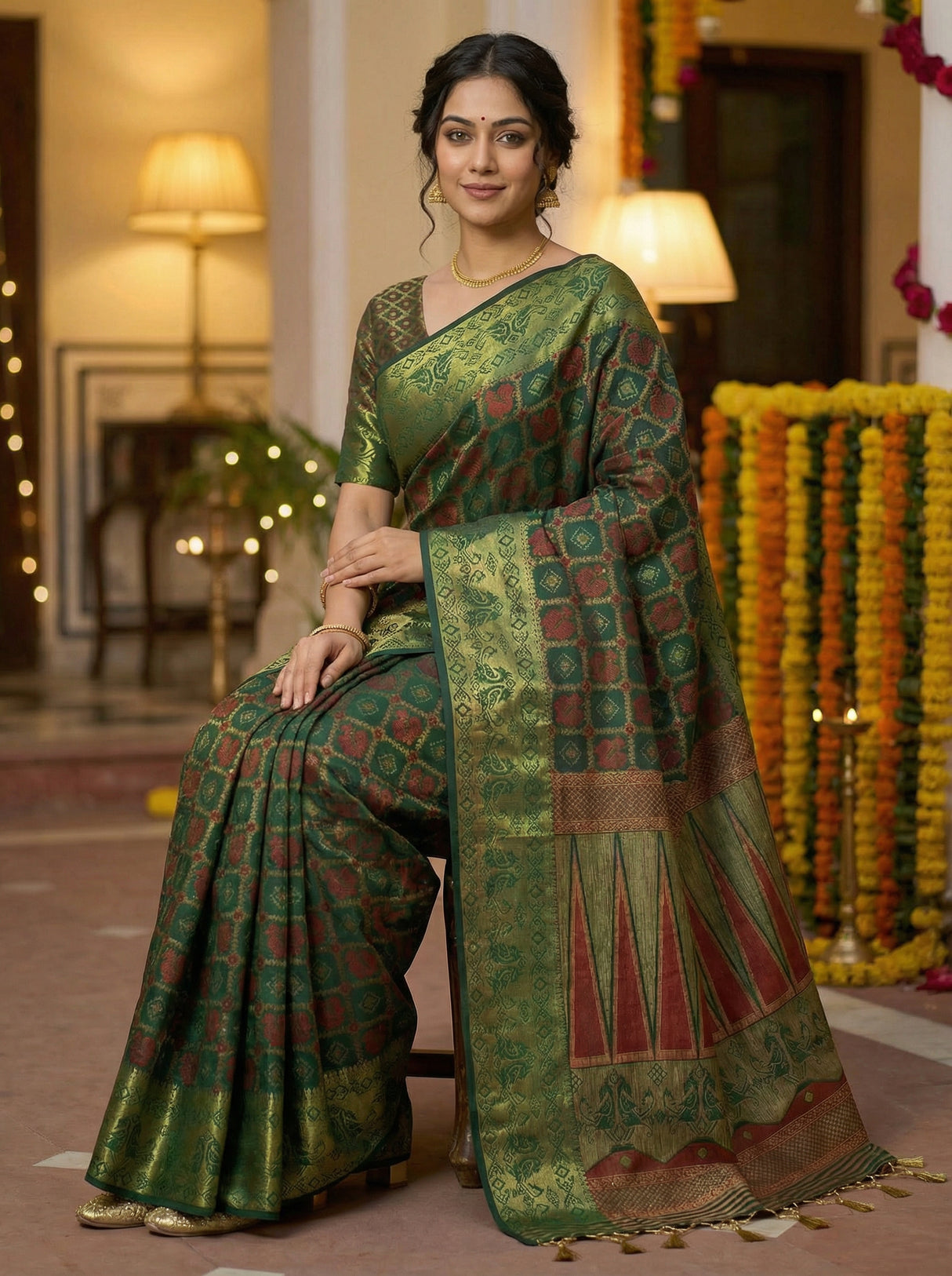 MIMOSA Women's Woven Design Patola Style Raw Silk Saree with Blouse Piece - Green ( SA00003139GRNFREE )