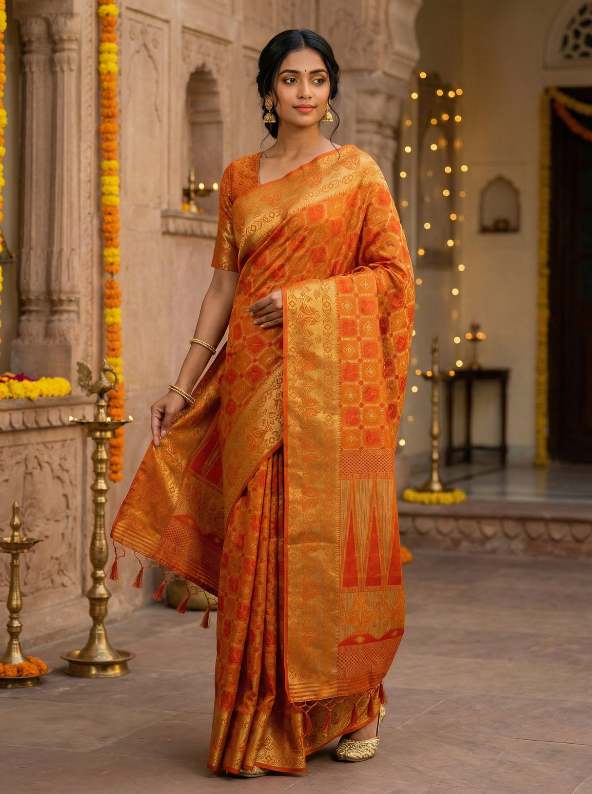 MIMOSA Women's Woven Design Patola Style Raw Silk Saree with Blouse Piece - Mustard ( SA00003139MSFREE )