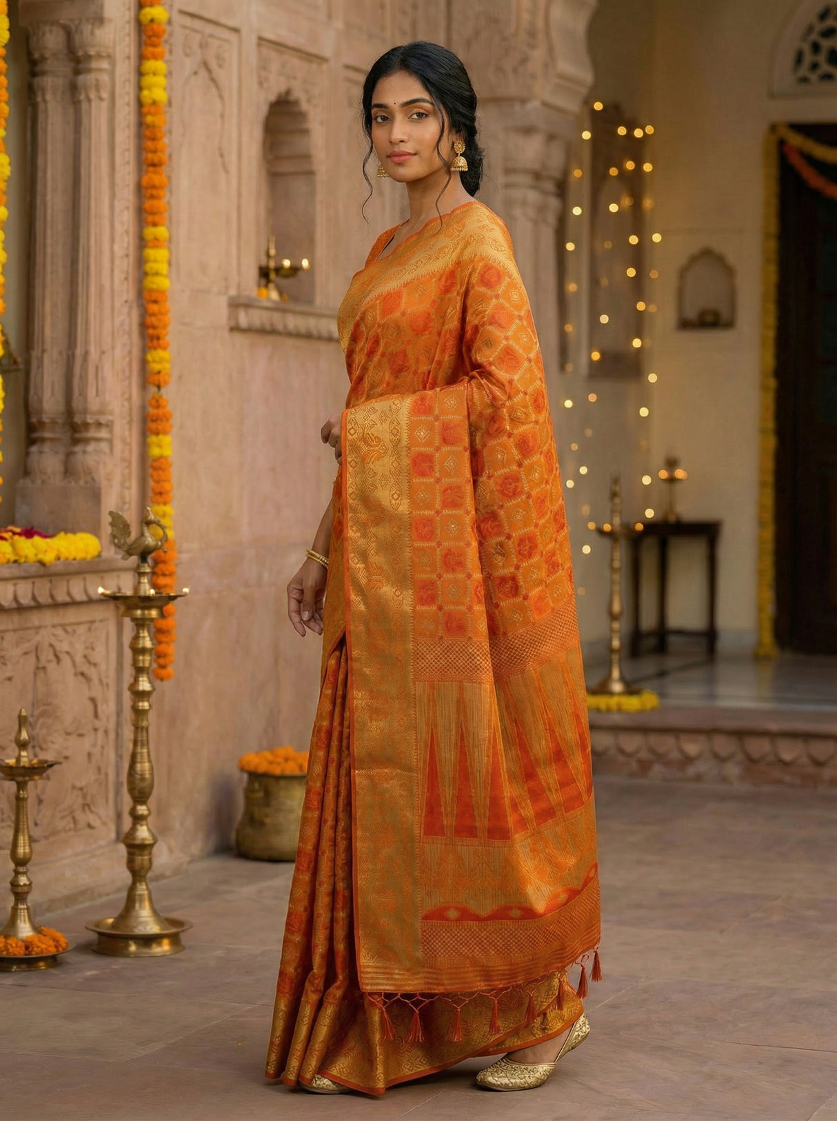 MIMOSA Women's Woven Design Patola Style Raw Silk Saree with Blouse Piece - Mustard ( SA00003139MSFREE )
