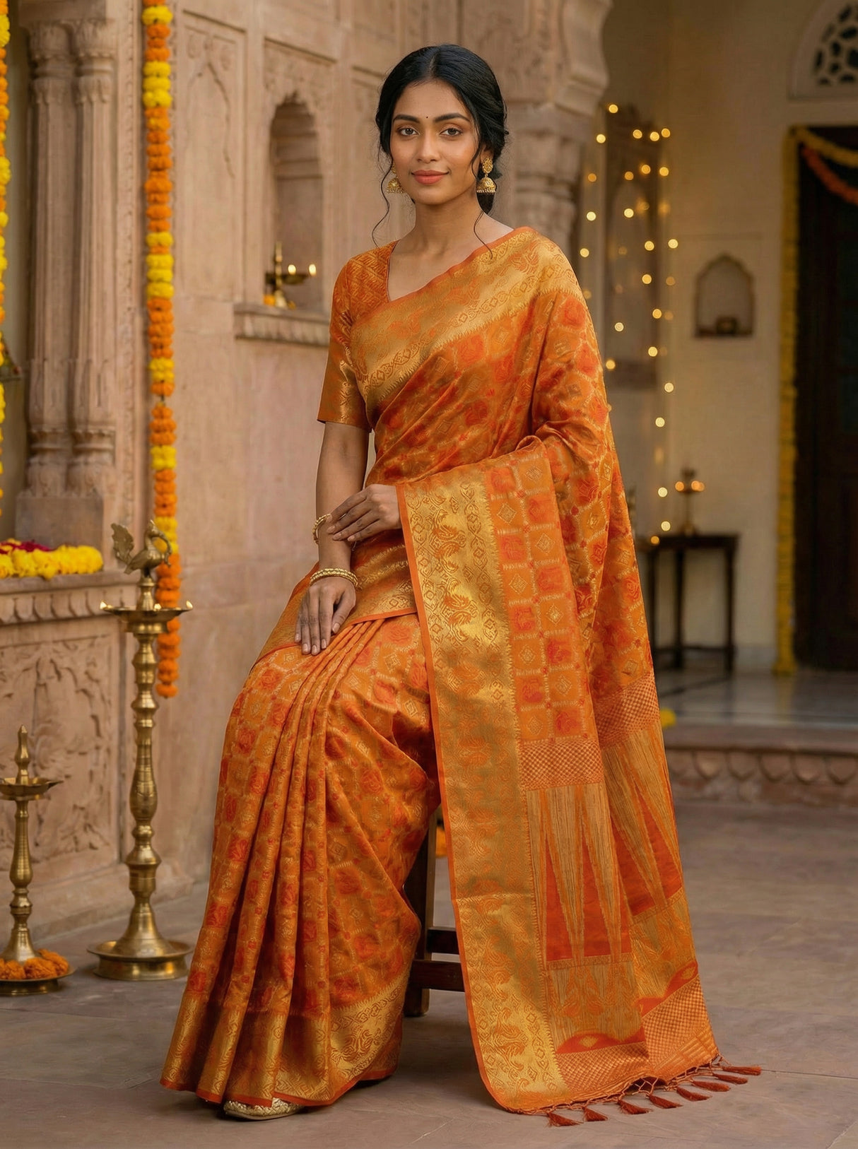 MIMOSA Women's Woven Design Patola Style Raw Silk Saree with Blouse Piece - Mustard ( SA00003139MSFREE )