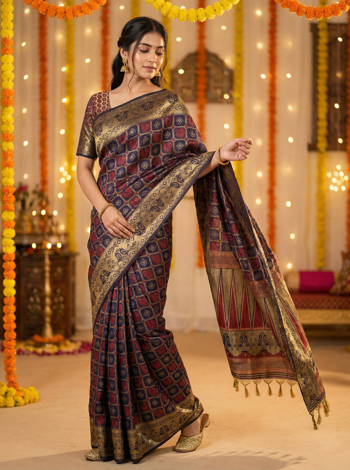 MIMOSA Women's Woven Design Patola Style Raw Silk Saree with Blouse Piece - Navy ( SA00003139NVFREE )