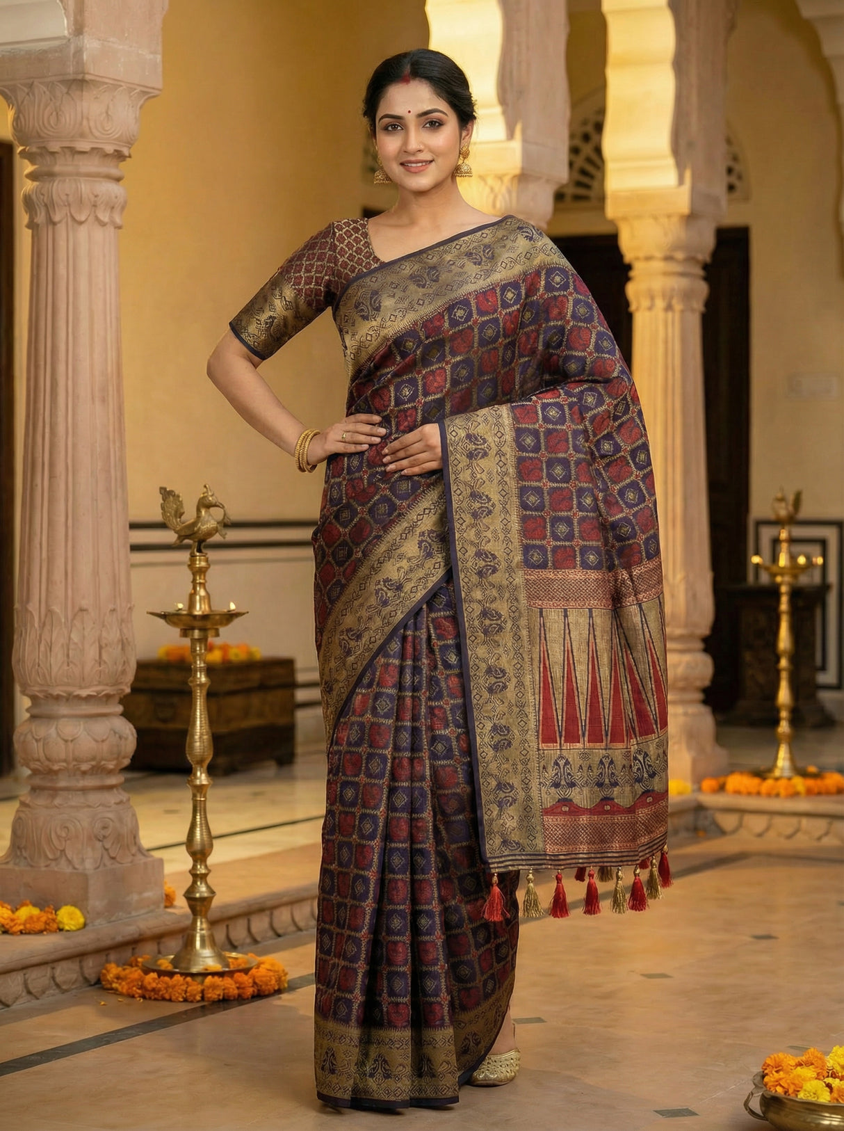 MIMOSA Women's Woven Design Patola Style Raw Silk Saree with Blouse Piece - Navy ( SA00003139NVFREE )