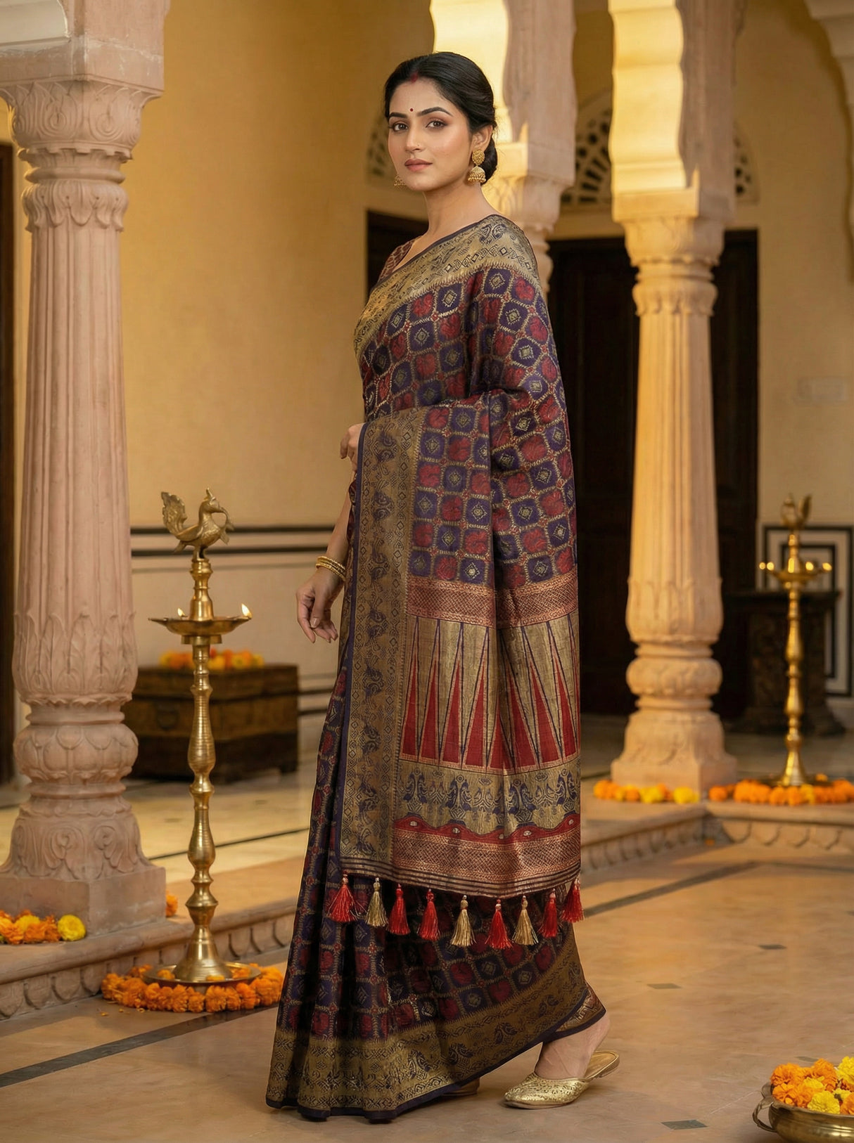 MIMOSA Women's Woven Design Patola Style Raw Silk Saree with Blouse Piece - Navy ( SA00003139NVFREE )