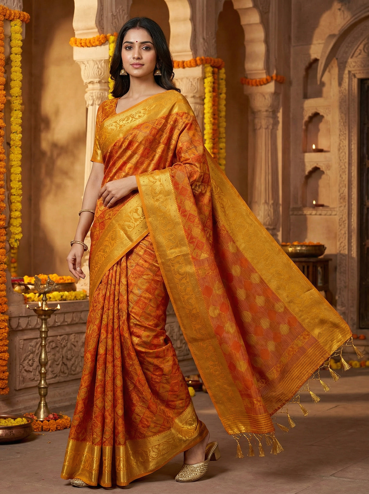 MIMOSA Women's Woven Design Patola Style Raw Silk Saree with Blouse Piece - Mustard ( SA00003140MSFREE )
