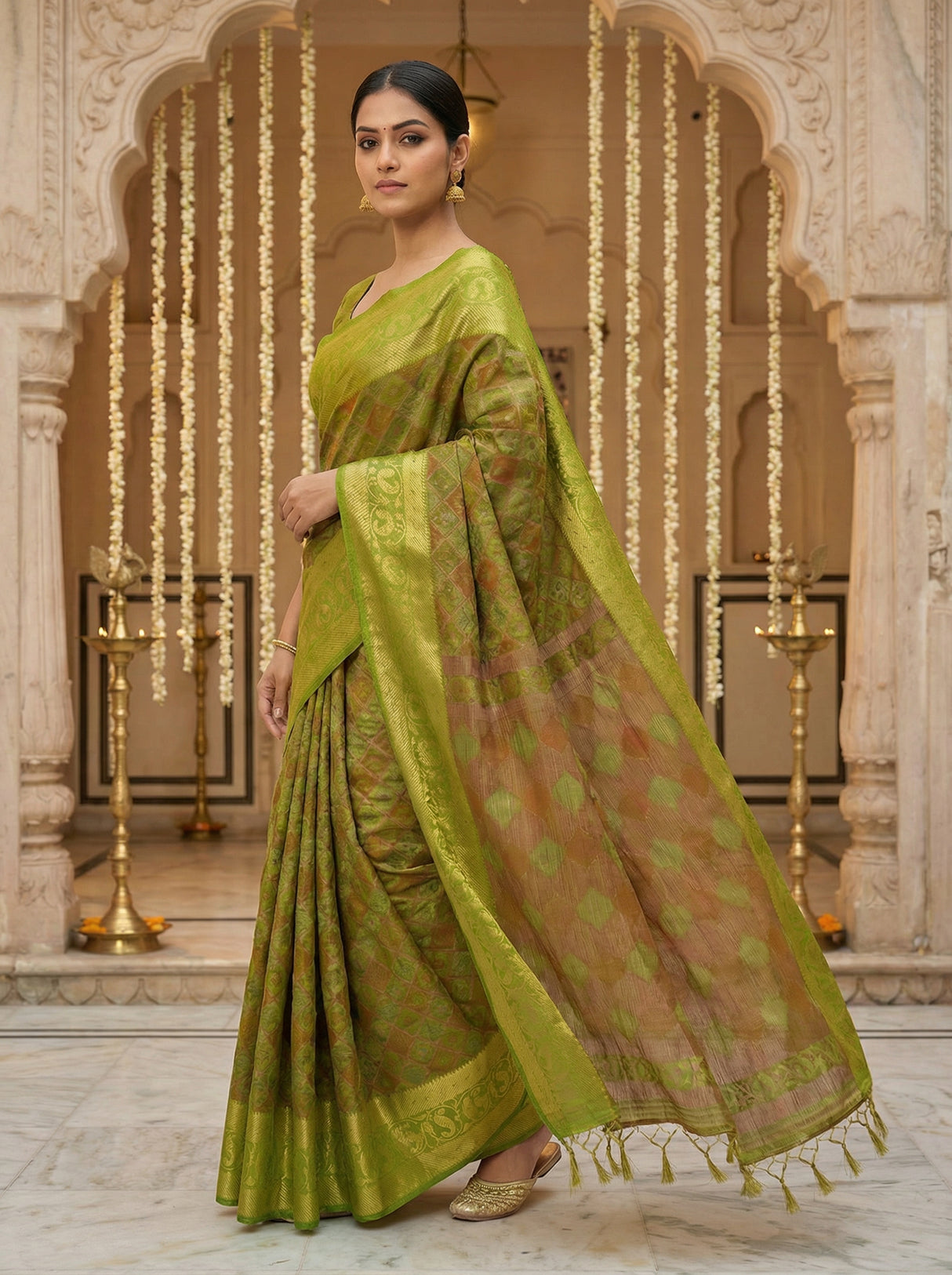 MIMOSA Women's Woven Design Patola Style Raw Silk Saree with Blouse Piece - Olive ( SA00003140OLFREE )