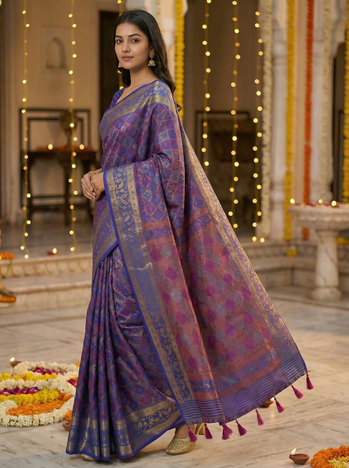 MIMOSA Women's Woven Design Patola Style Raw Silk Saree with Blouse Piece - Royal blue ( SA00003140RBFREE )