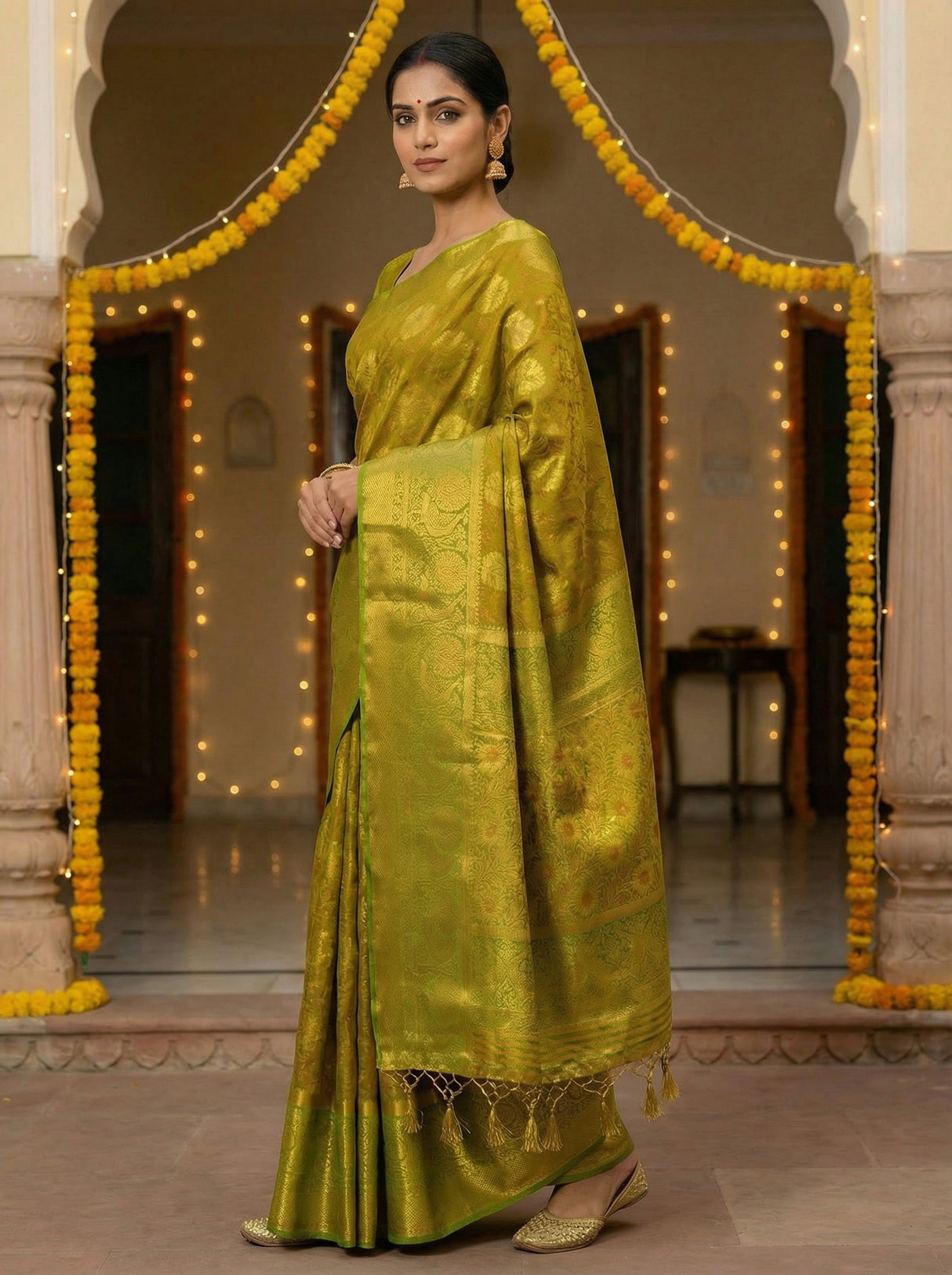 MIMOSA Women's Woven Design Kanjivaram Style Art Silk Saree with Blouse Piece - Olive ( SA00003142OLFREE )