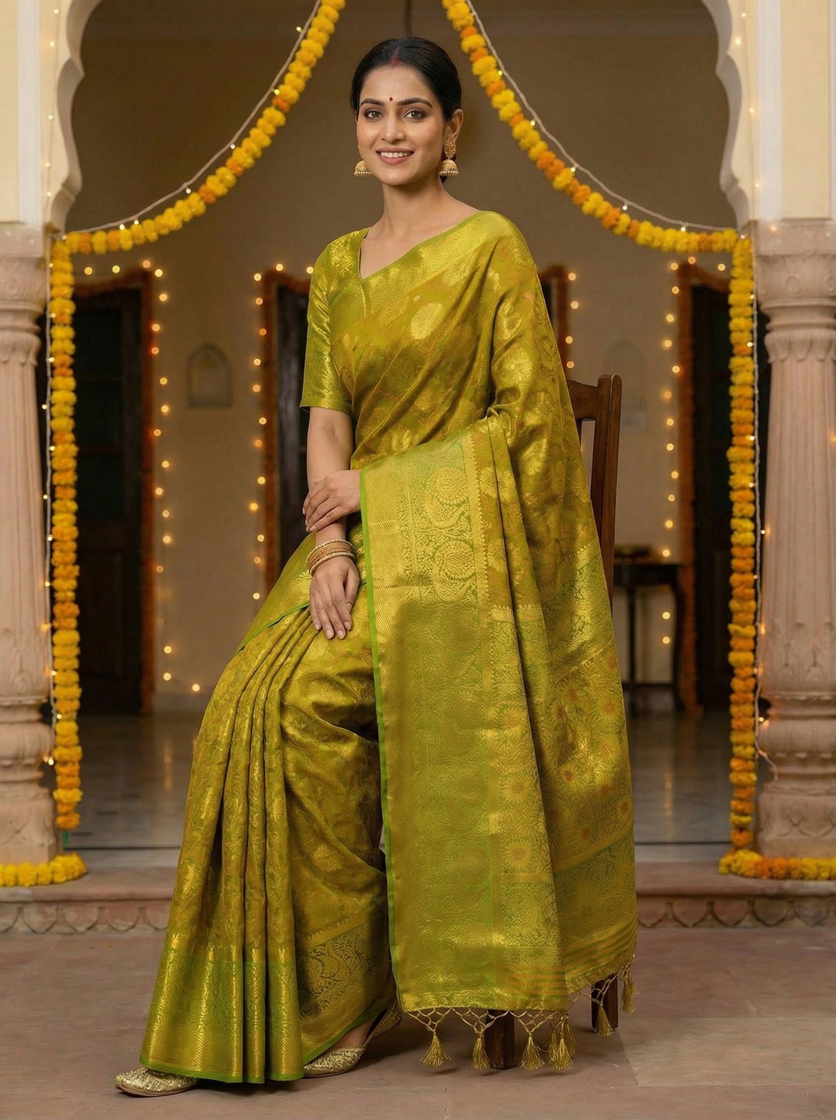 MIMOSA Women's Woven Design Kanjivaram Style Art Silk Saree with Blouse Piece - Olive ( SA00003142OLFREE )