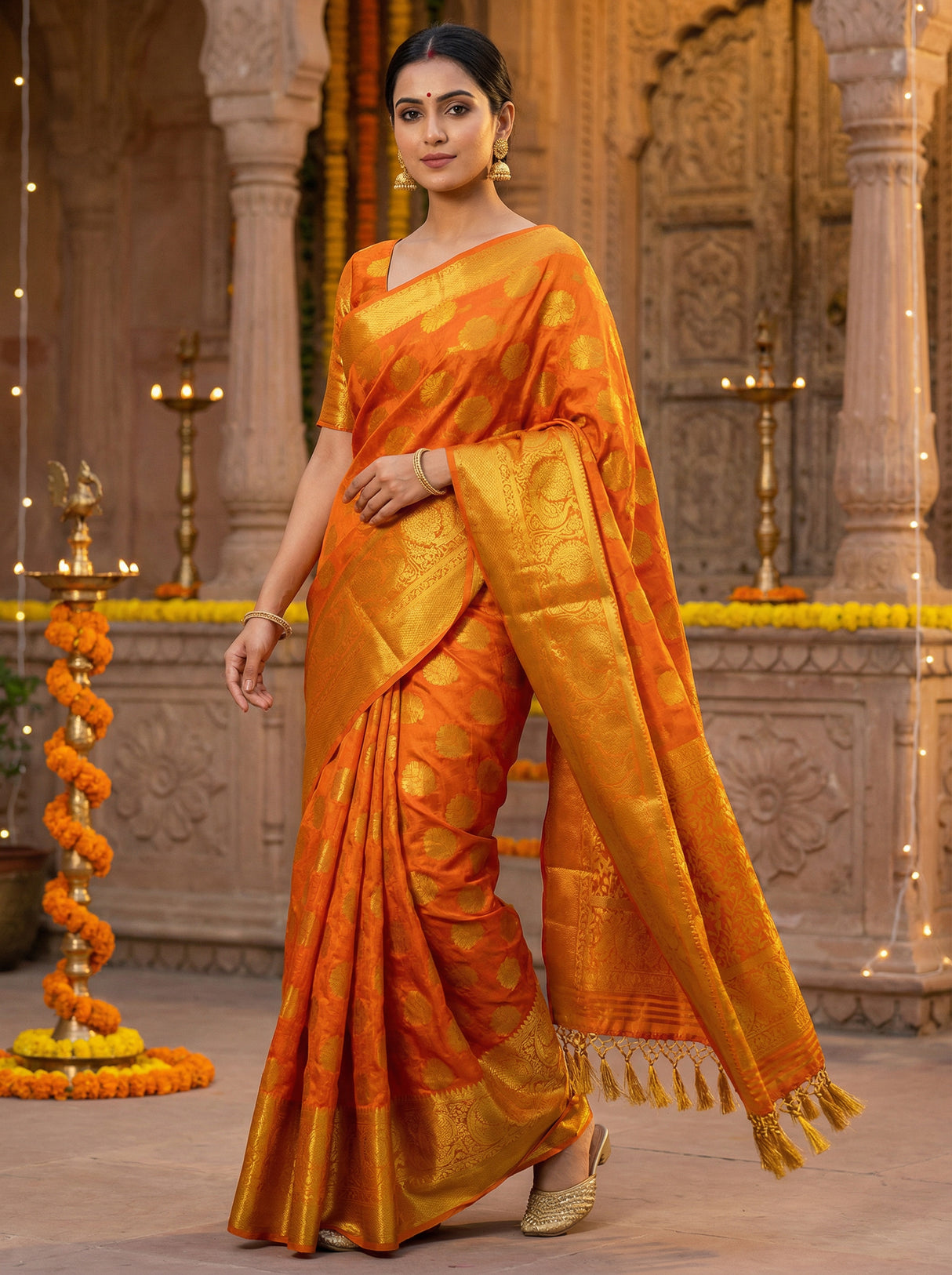 MIMOSA Women's Woven Design Kanjivaram Style Art Silk Saree with Blouse Piece - Rust ( SA00003142RSFREE )