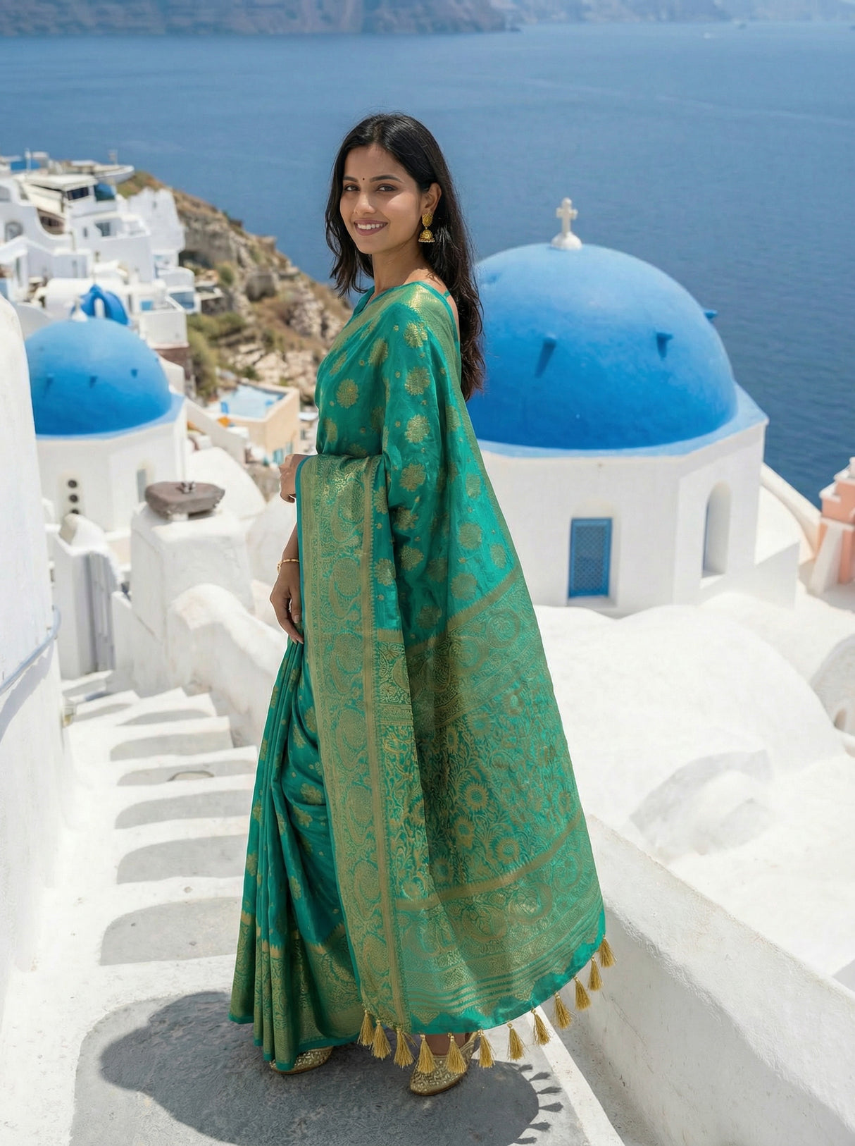 MIMOSA Women's Woven Design Kanjivaram Style Art Silk Saree with Blouse Piece - Saffire ( SA00003142SFFREE )