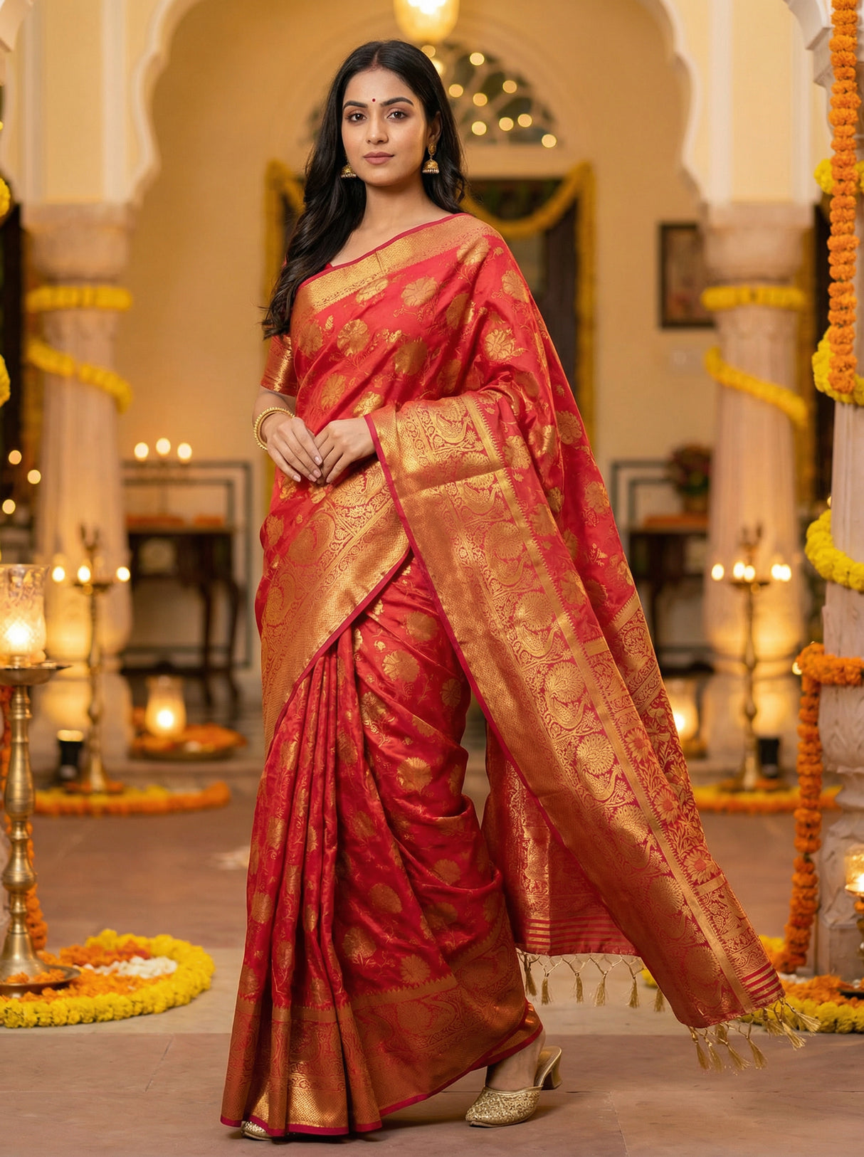 MIMOSA Women's Woven Design Kanjivaram Style Art Silk Saree with Blouse Piece - Strawberry ( SA00003142STFREE )