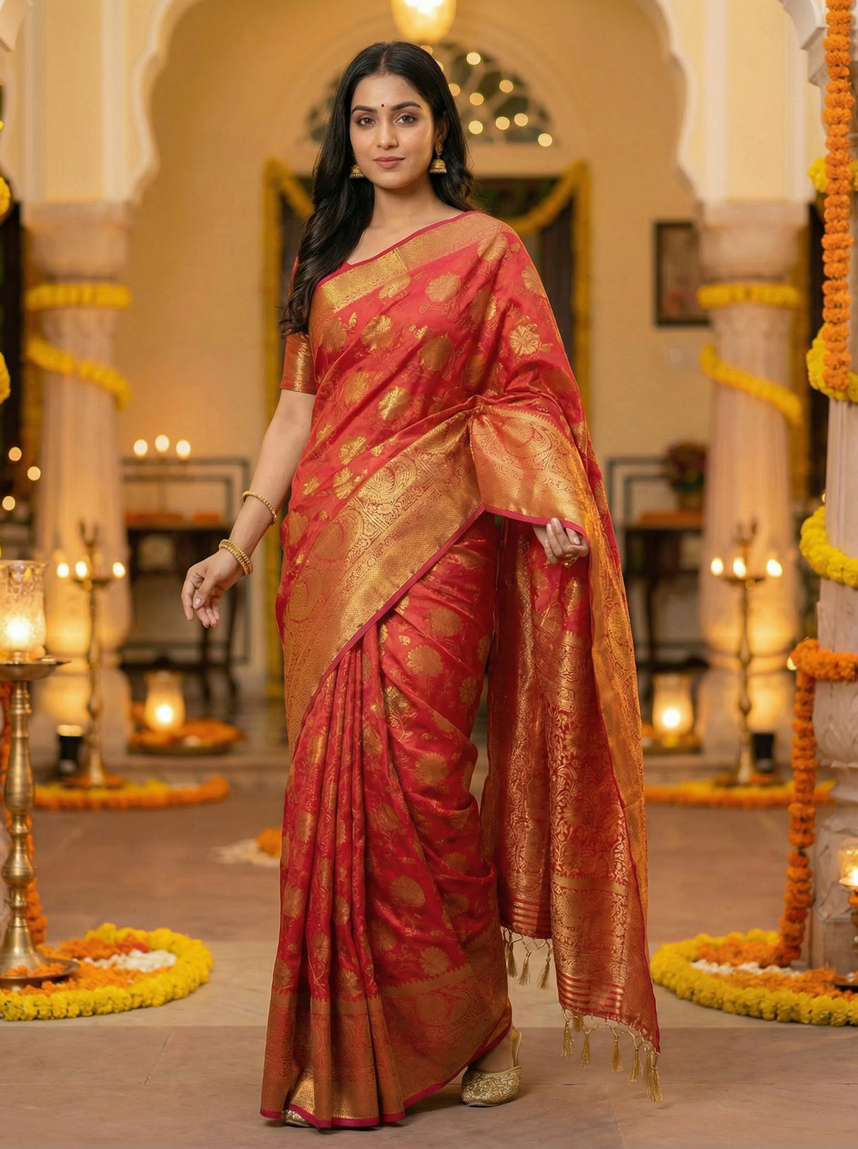 MIMOSA Women's Woven Design Kanjivaram Style Art Silk Saree with Blouse Piece - Strawberry ( SA00003142STFREE )