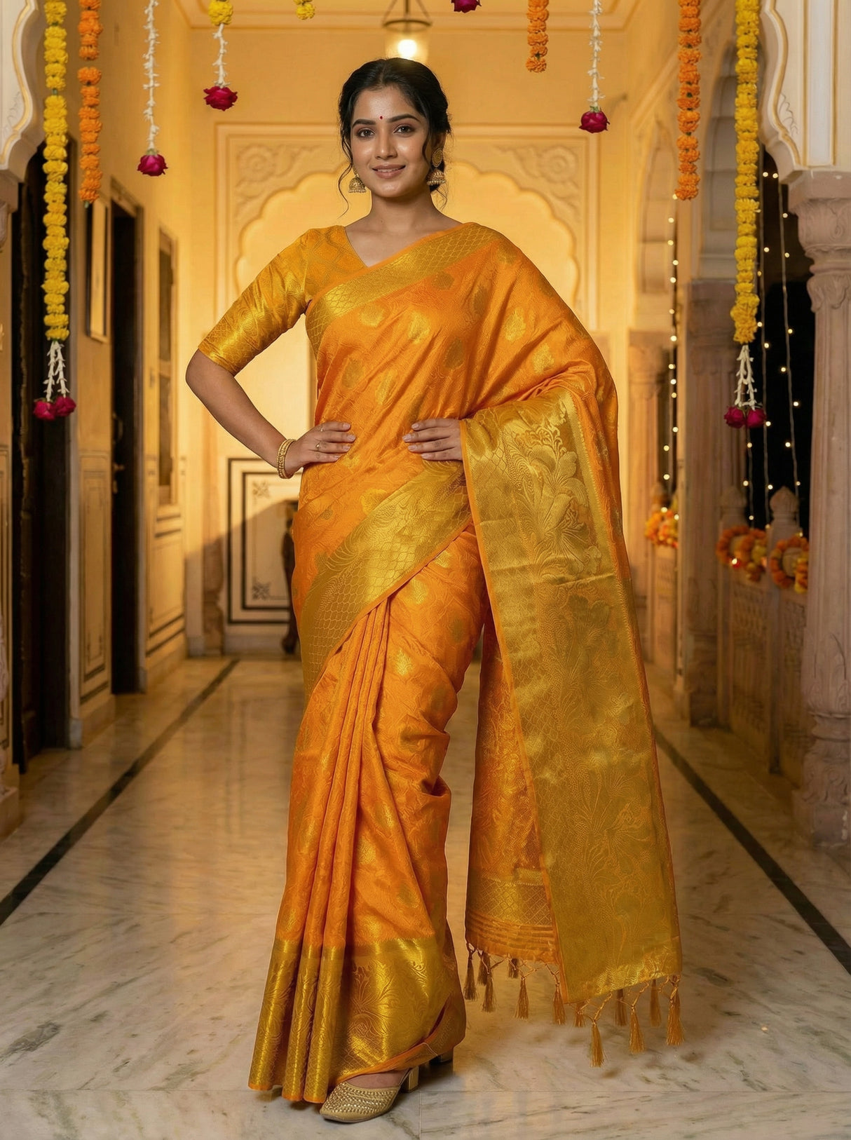 MIMOSA Women's Woven Design Kanjivaram Style Art Silk Saree with Blouse Piece - Gold ( SA00003143GDFREE )