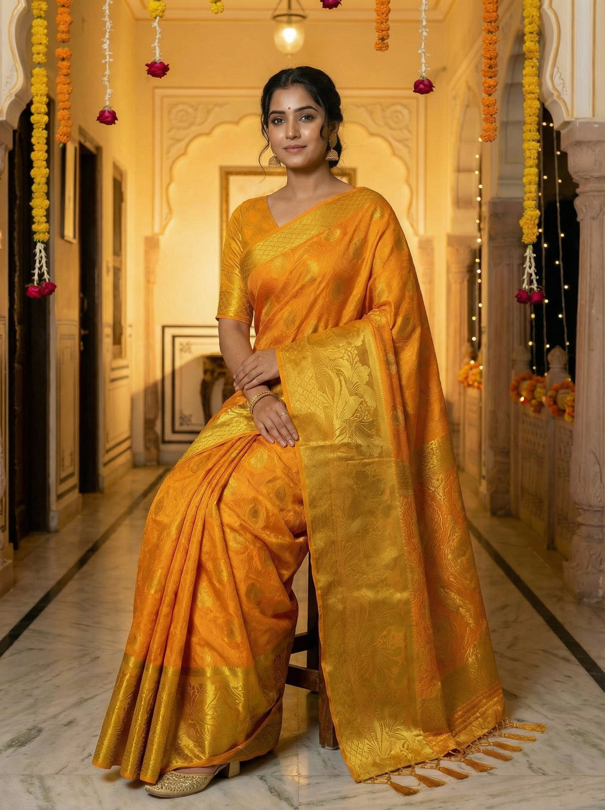 MIMOSA Women's Woven Design Kanjivaram Style Art Silk Saree with Blouse Piece - Gold ( SA00003143GDFREE )
