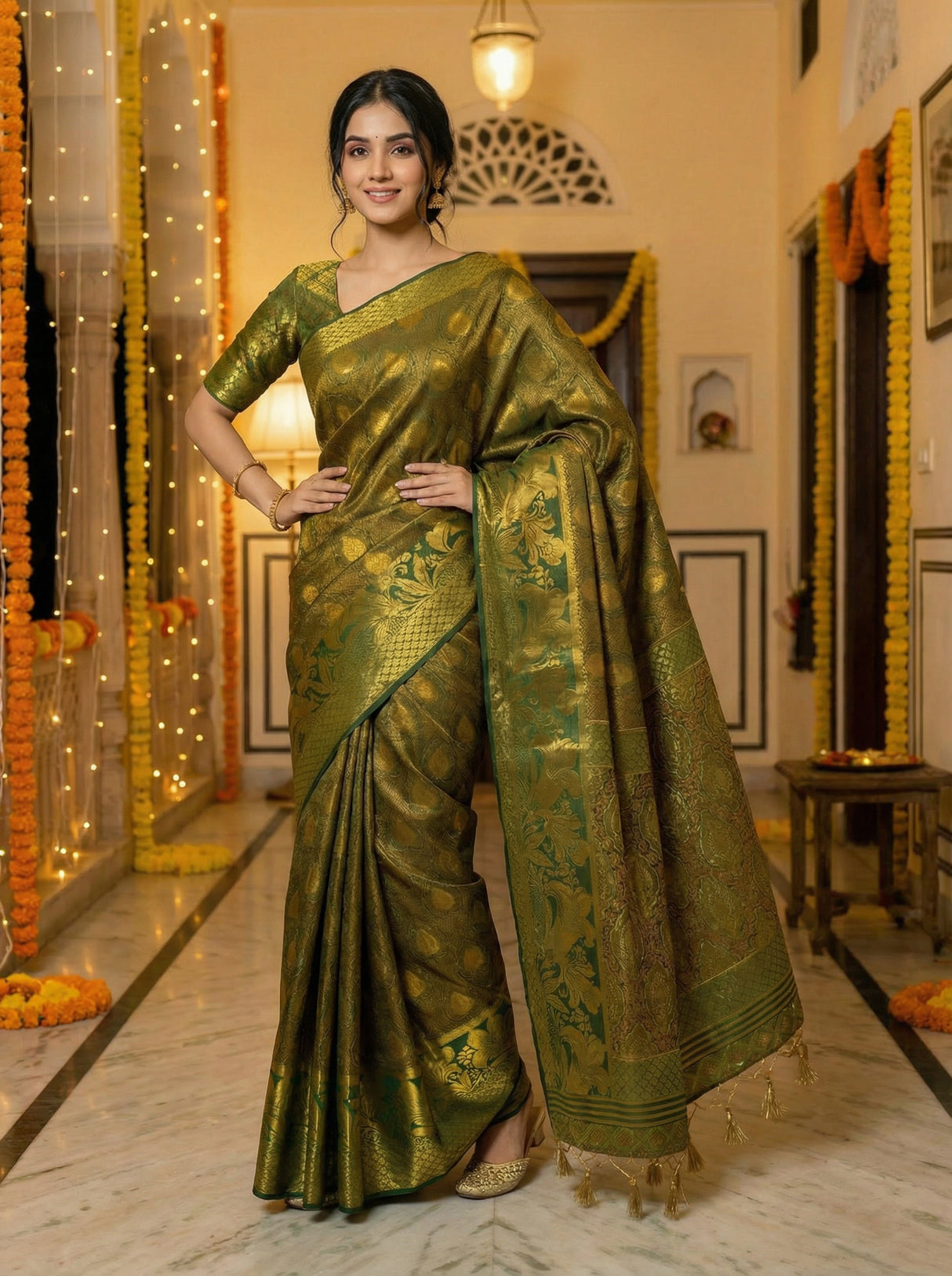 MIMOSA Women's Woven Design Kanjivaram Style Art Silk Saree with Blouse Piece - Green ( SA00003143GRNFREE )
