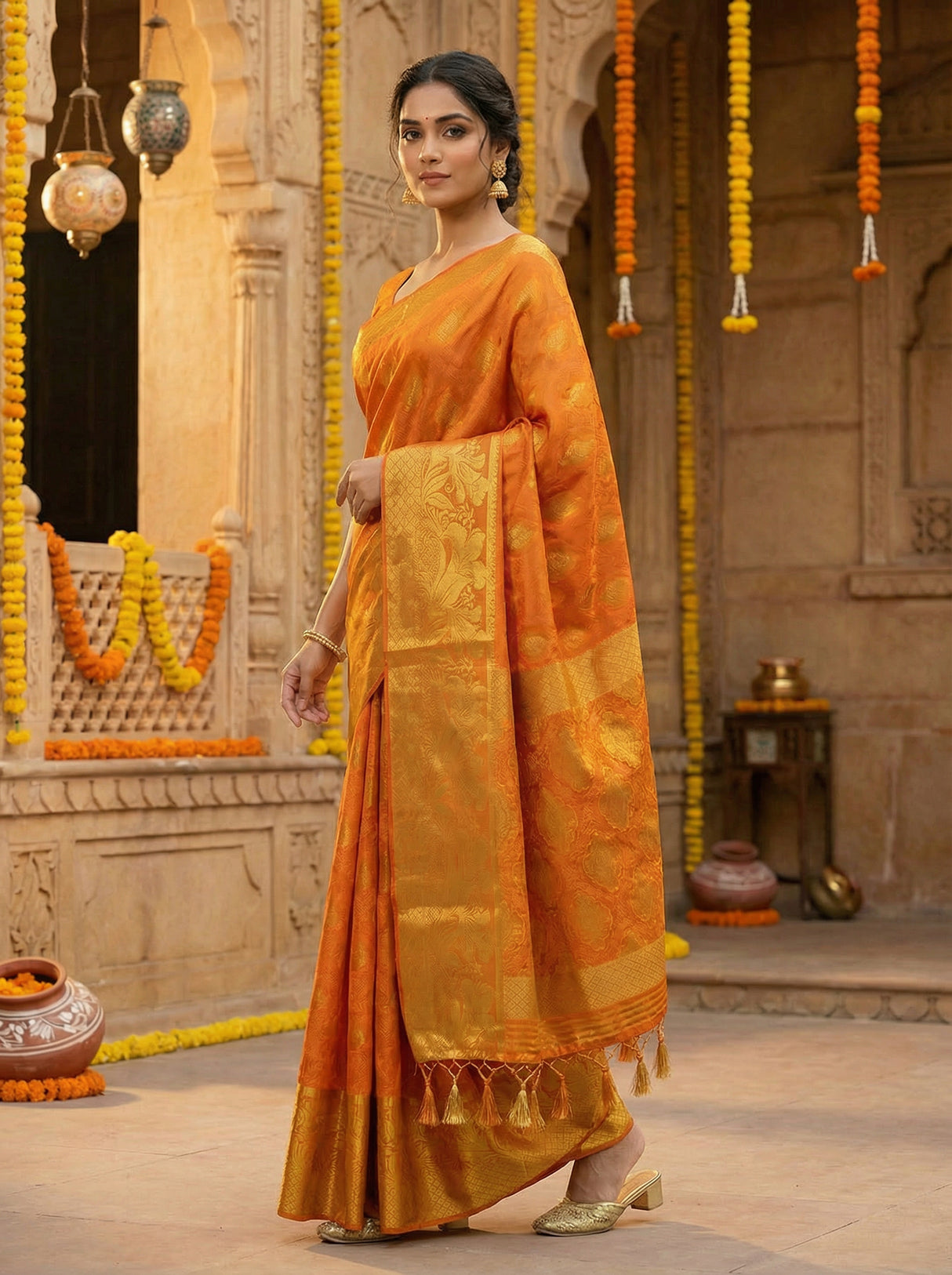 MIMOSA Women's Woven Design Kanjivaram Style Art Silk Saree with Blouse Piece - Mustard ( SA00003143MSFREE )