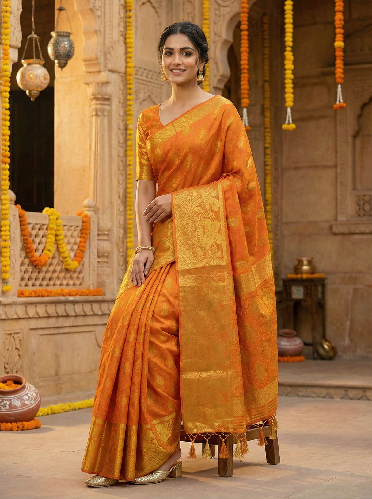 MIMOSA Women's Woven Design Kanjivaram Style Art Silk Saree with Blouse Piece - Mustard ( SA00003143MSFREE )