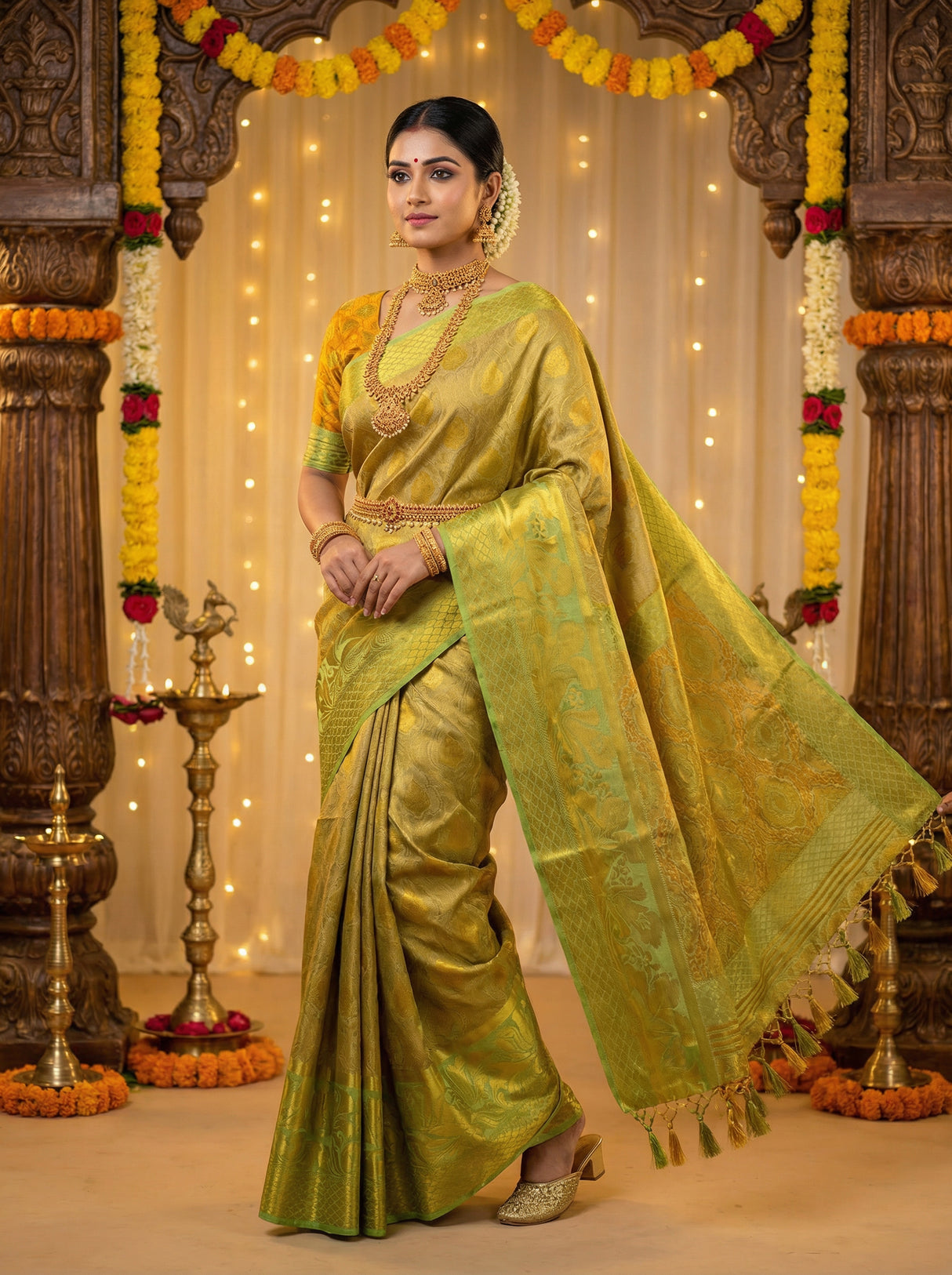 MIMOSA Women's Woven Design Kanjivaram Style Art Silk Saree with Blouse Piece - Pista ( SA00003143PSFREE )
